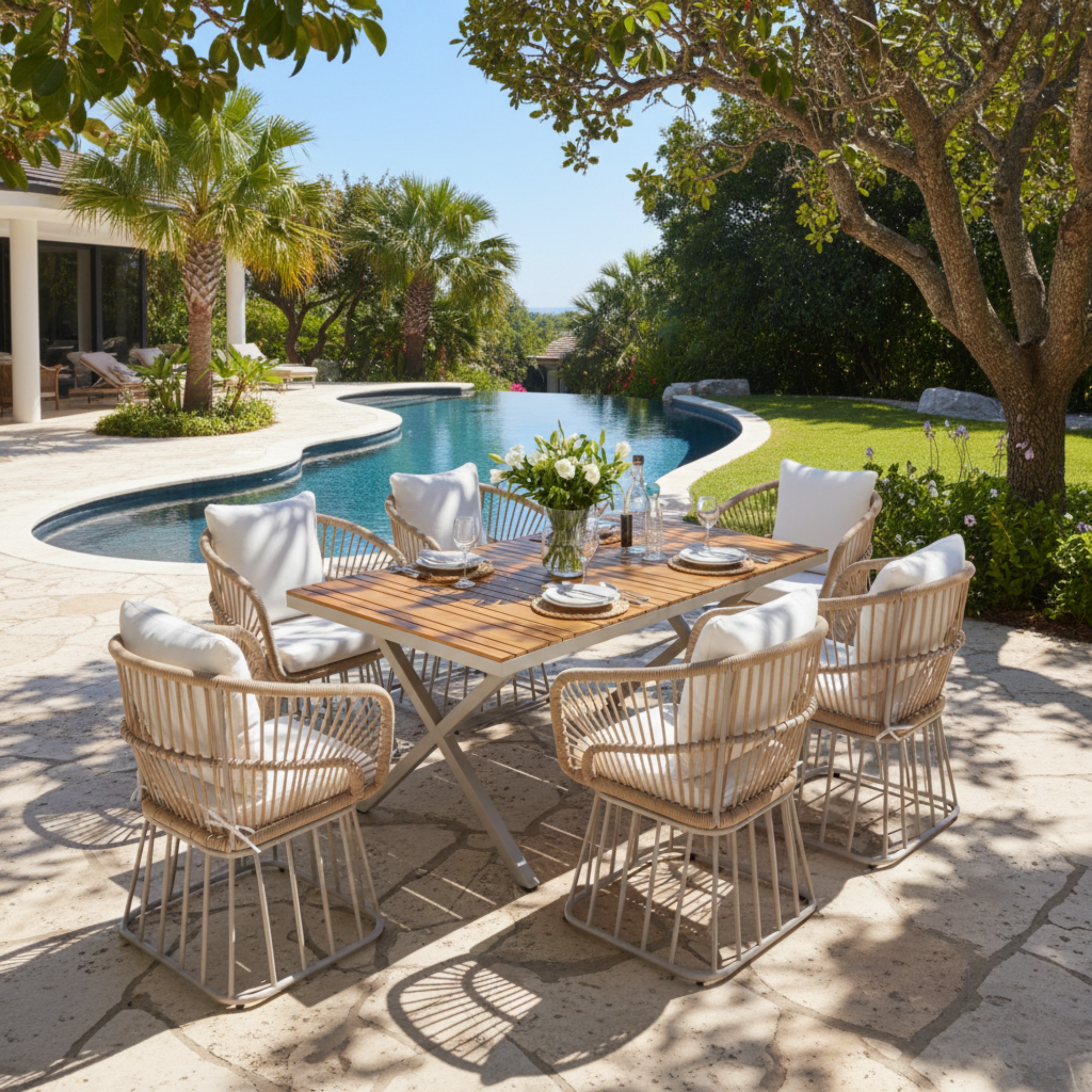 Christopher Knight Home Avexon Outdoor Acacia Wood 7 Piece Patio Dining Set with Rectangular Slatted Tabletop X-Shaped Legs Dining Table and Wicker Dining Chairs Steel Frame and Weather Resistant Cushions Teak Finish and Beige