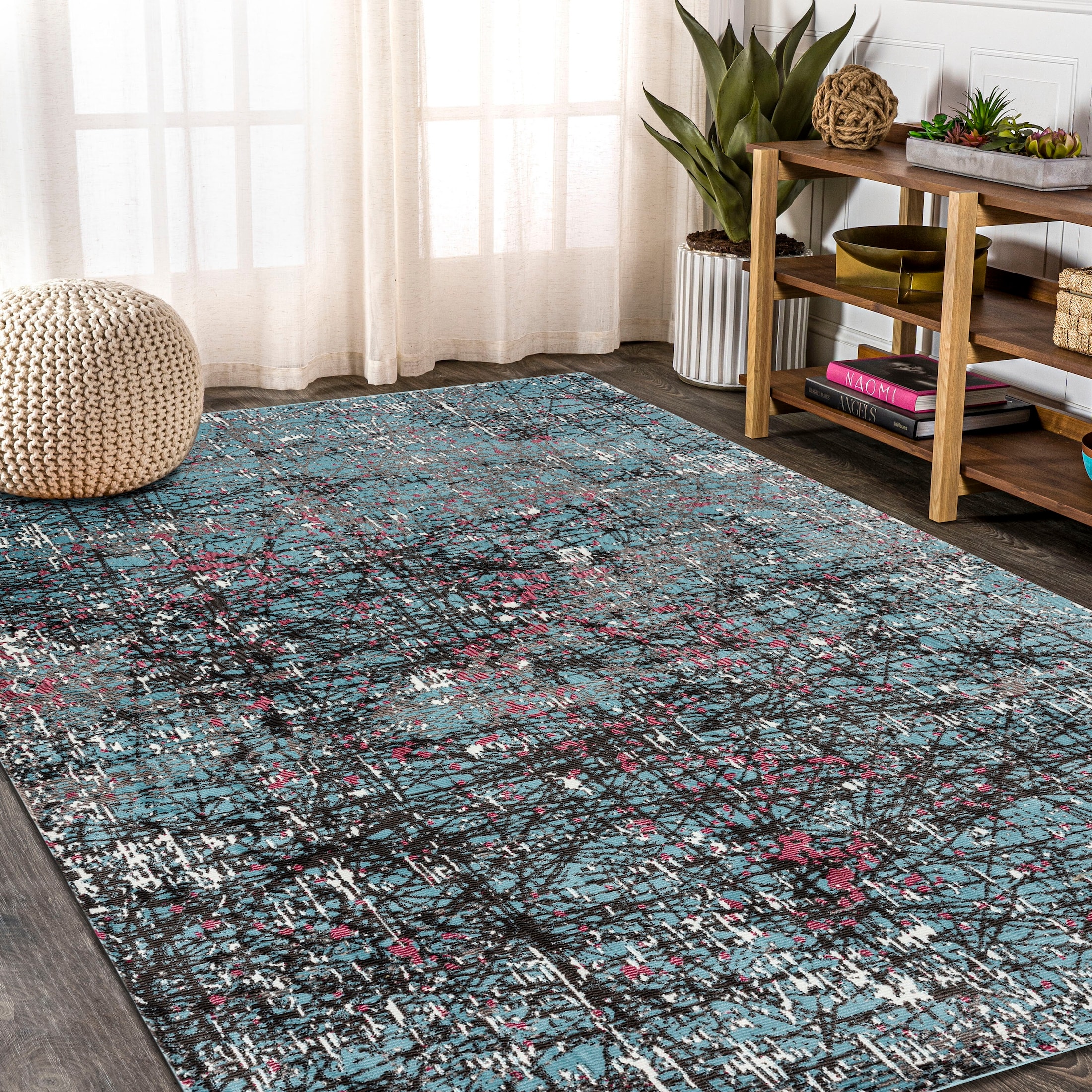 LR Home 3528A0084934J8 8 x 10 (ft) Loomed Polypropylene Blue/Silver/White/Fuchsia Rectangular Indoor Abstract Area rug