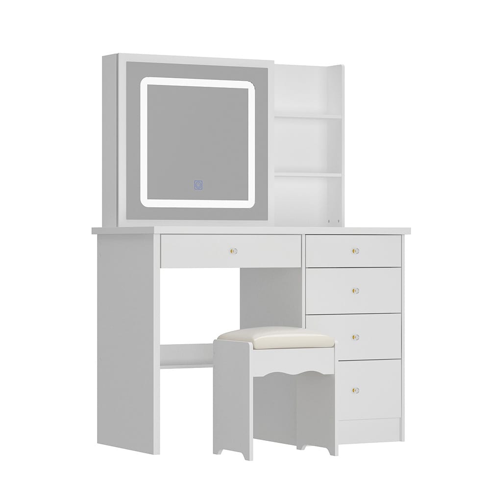 V-KF210141-03 White Large Makeup Vanity Set with Sliding Lighted Mirror 3 Color Adjustable Dressing Table Drawers and Cushioned Stool