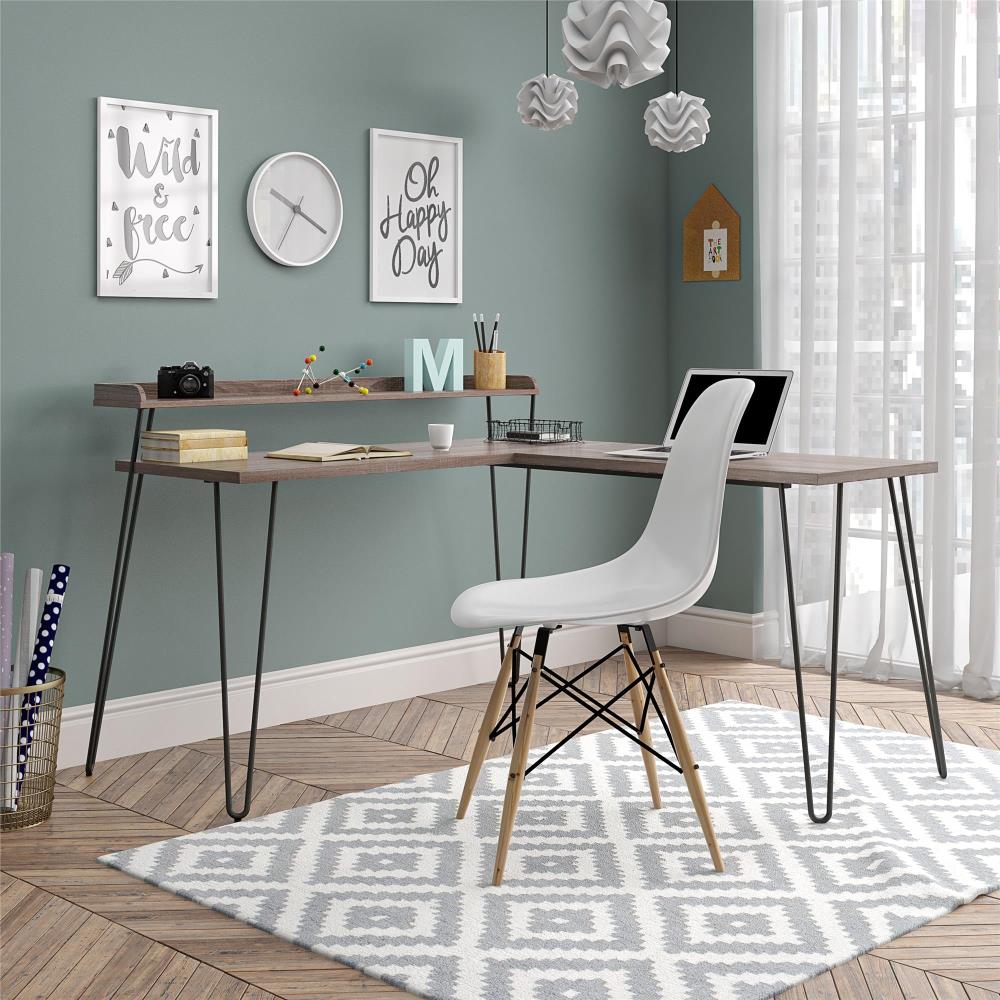 Haven Distressed Gray Oak L-Shaped Computer Desk with Riser