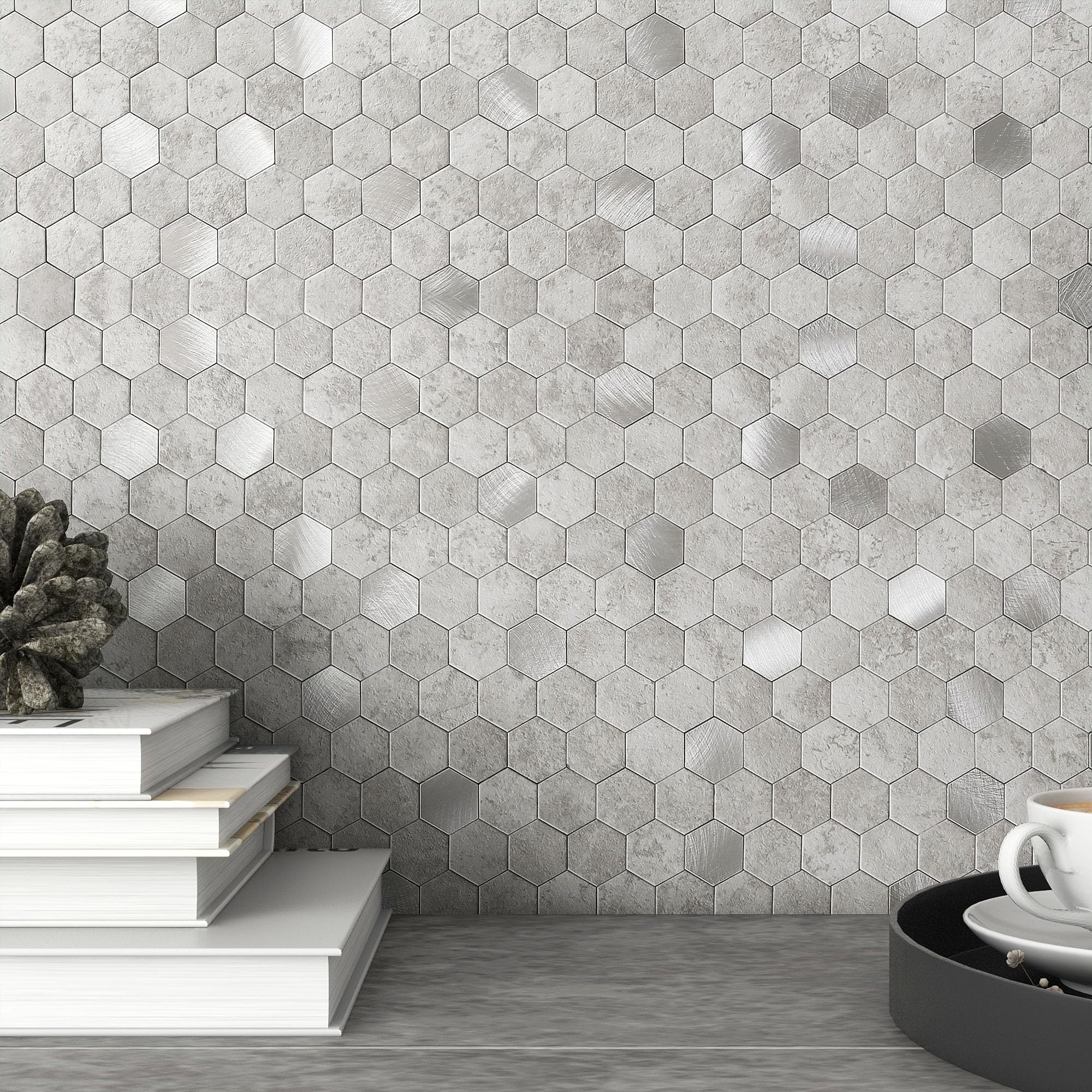 Phewnyzo  Hexagon Peel and Stick Backsplash Tiles Kitchen Self Adhesive Metal and Marble Honeycomb Wall Tiles Sticker Mosaic Heat Resistant