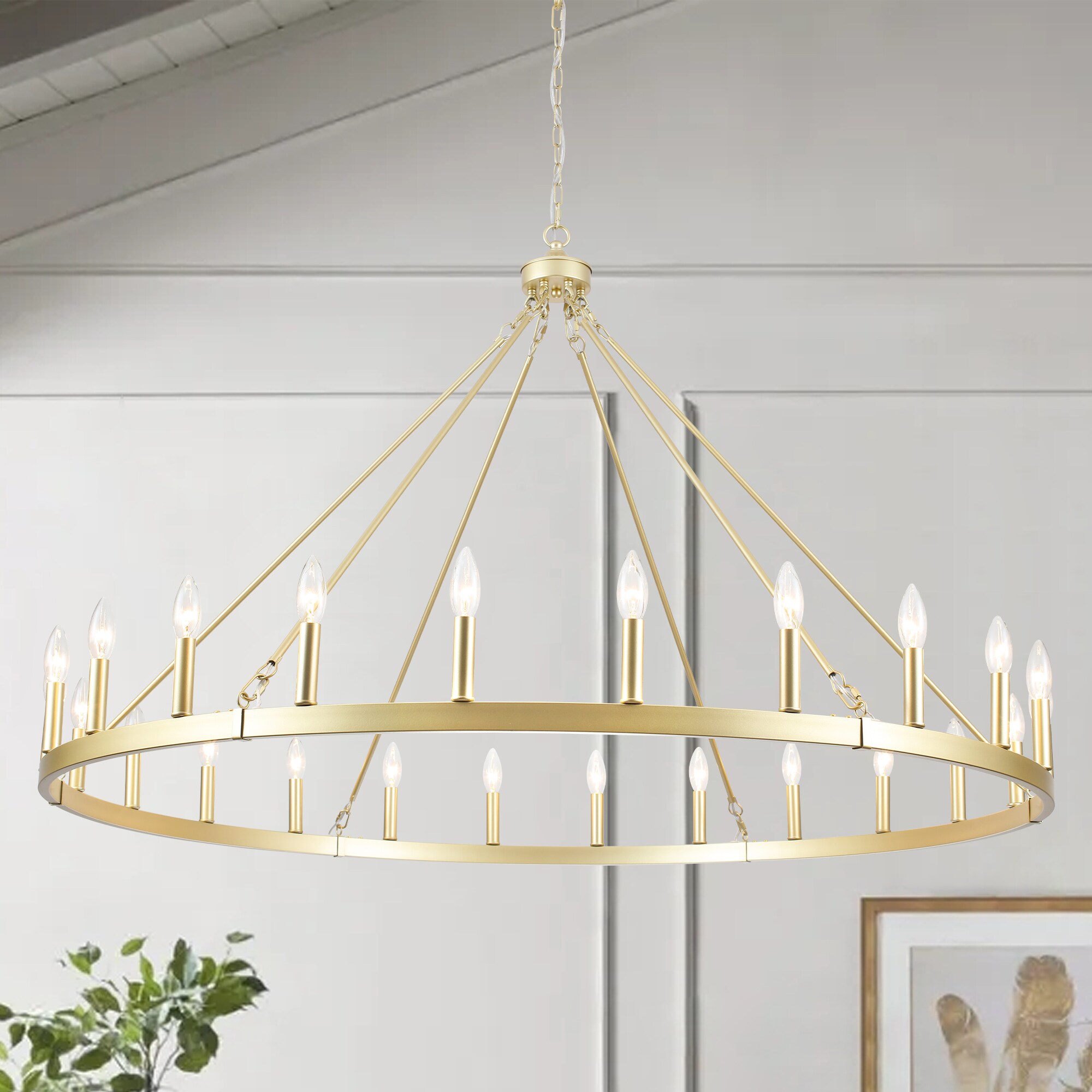 HLJYNJM 52-in 24-Light Brushed Gold Wagon Wheel Chandelier Industrial Round Candle Light Fixture for Living Room