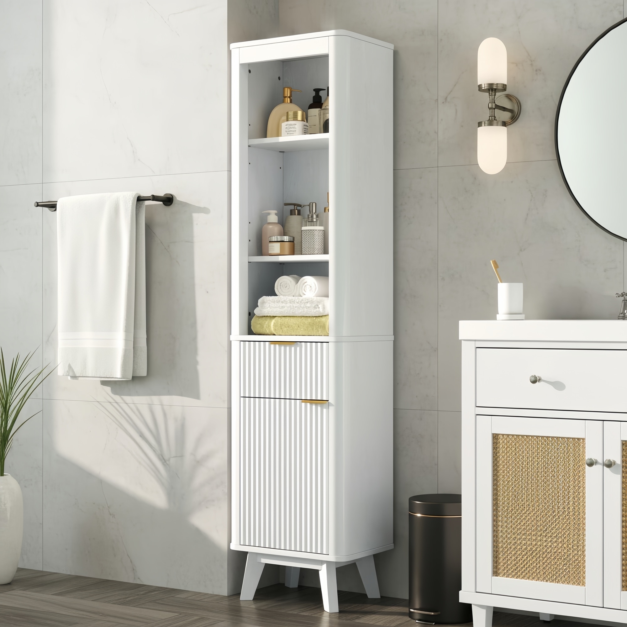Vorene 68 in Tall Bathroom Storage Cabinet with Adjustable Shelves Drawer and Door Freestanding Organizer for Bathroom Living Room Entryway Kitchen White