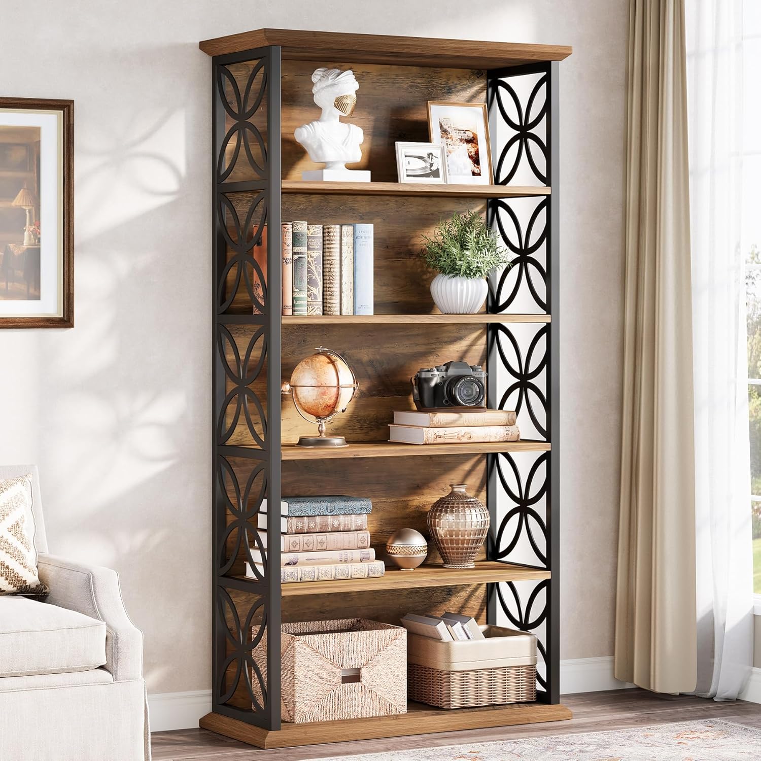 Tribesigns  6 Tiers Tall Bookshelf 71 inches Industrial Bookcase with Metal Frame Freestanding Open Storage Shelves for Home Office Living Room Bedroom