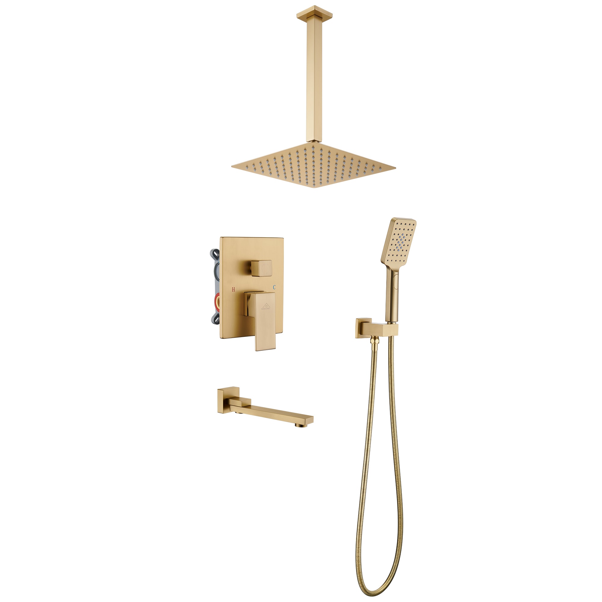 Casainc Brushed Gold Waterfall Built In Shower Faucet System With 3 Way