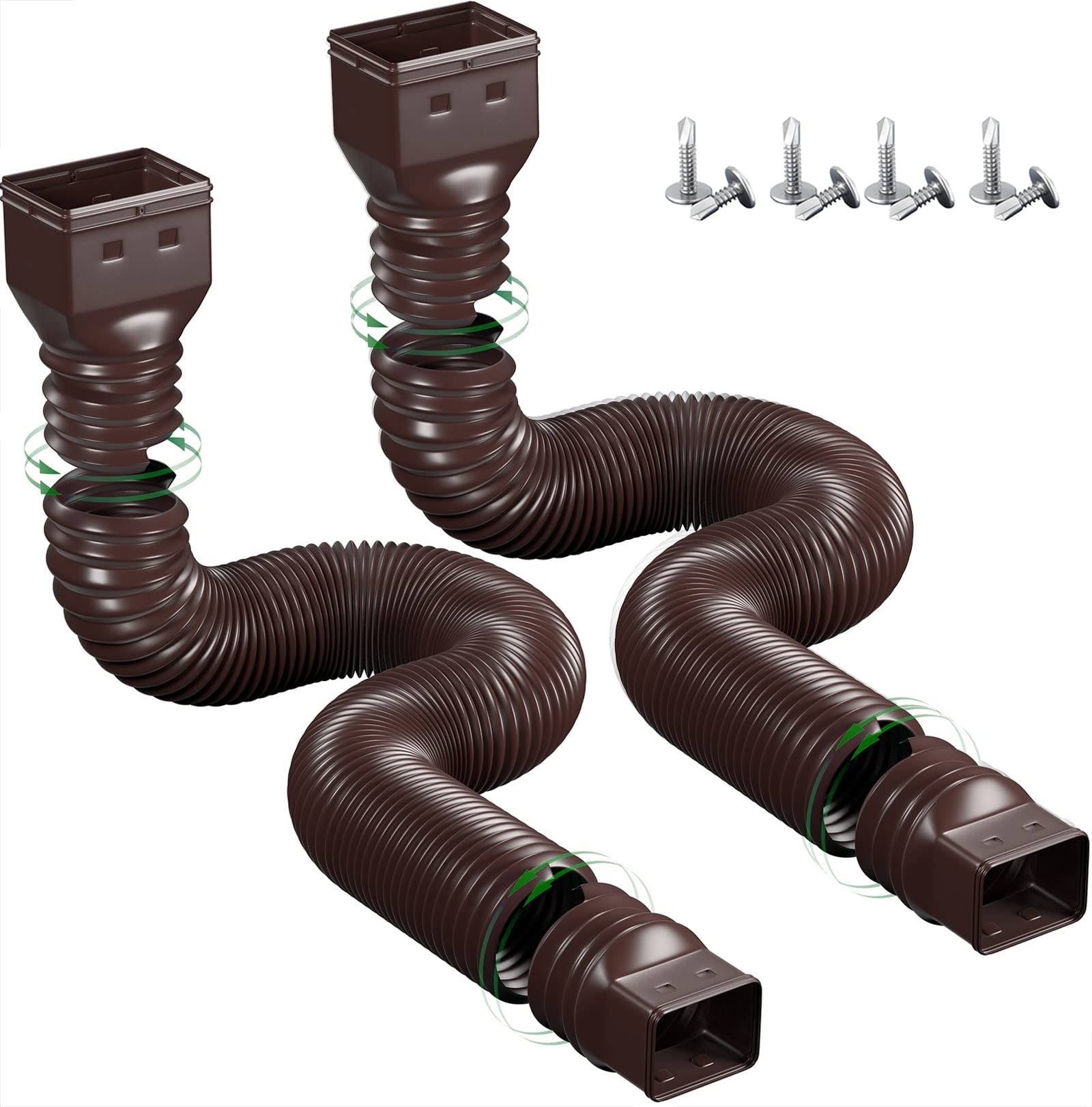 Phyfalip  2 Pack Rain Gutter Downspout Extension Flexible Drainage Connector Brown Fits 2x3 and 3x4 Inch Downspouts Extends 22 to 58 Inch DIY Install
