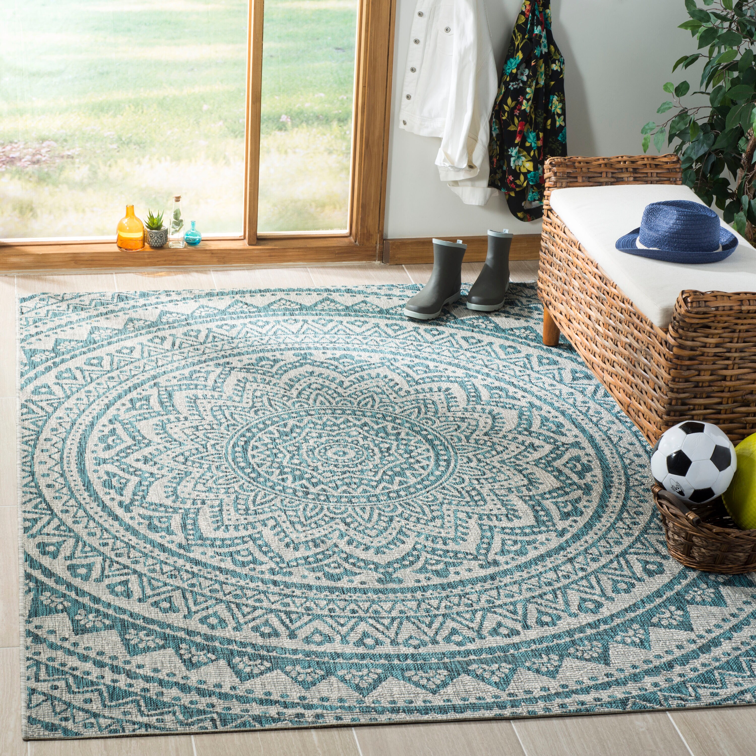 Safavieh CY8734-37212-3 Courtyard 3 x 5 (ft) Loomed Synthetic Light Gray/Teal Rectangular Indoor/Outdoor Medallion Area rug