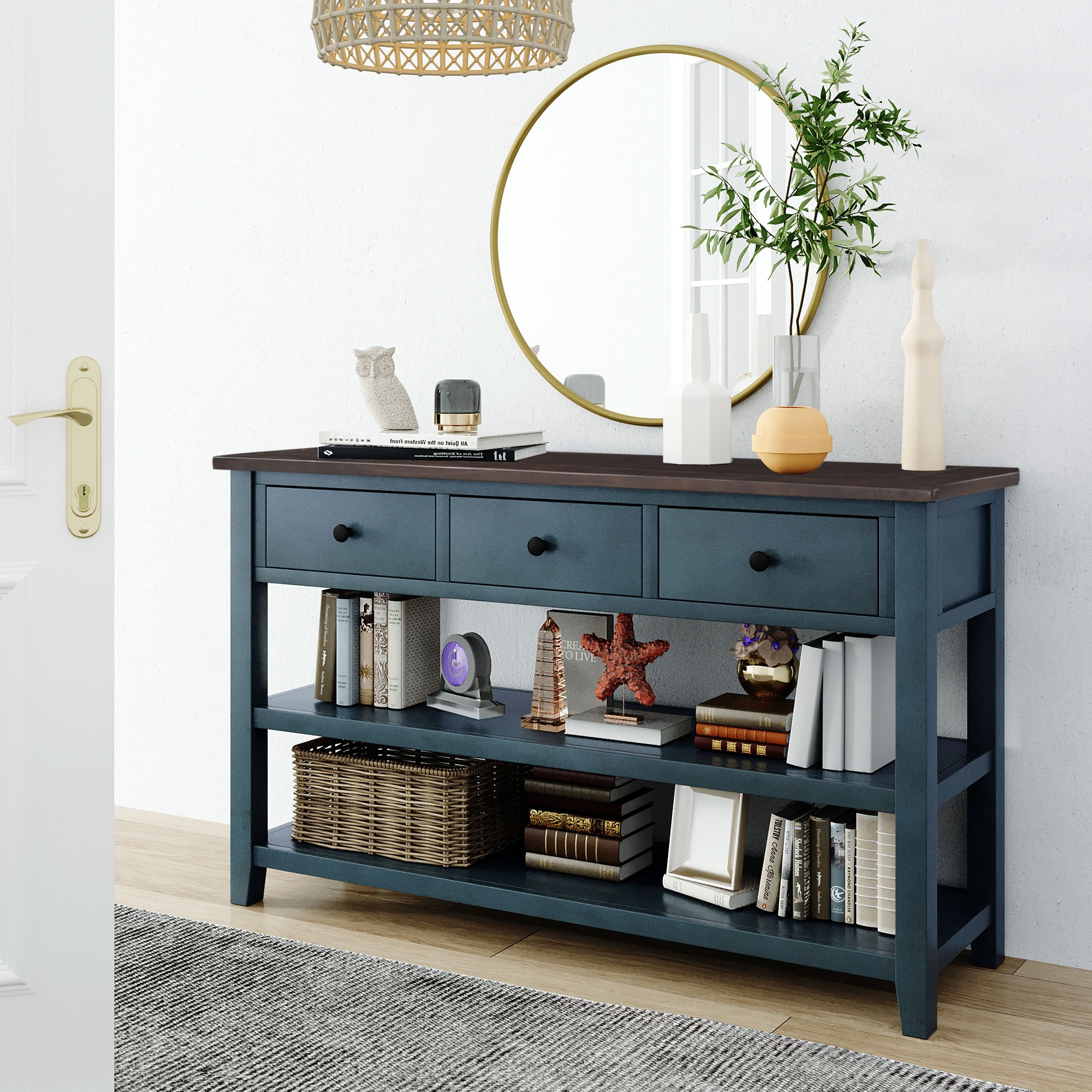 ModernLuxe WF199598AAM Retro Design Console Table with Two Open Shelves Pine Solid Wood Frame and Legs for Living Room Navy