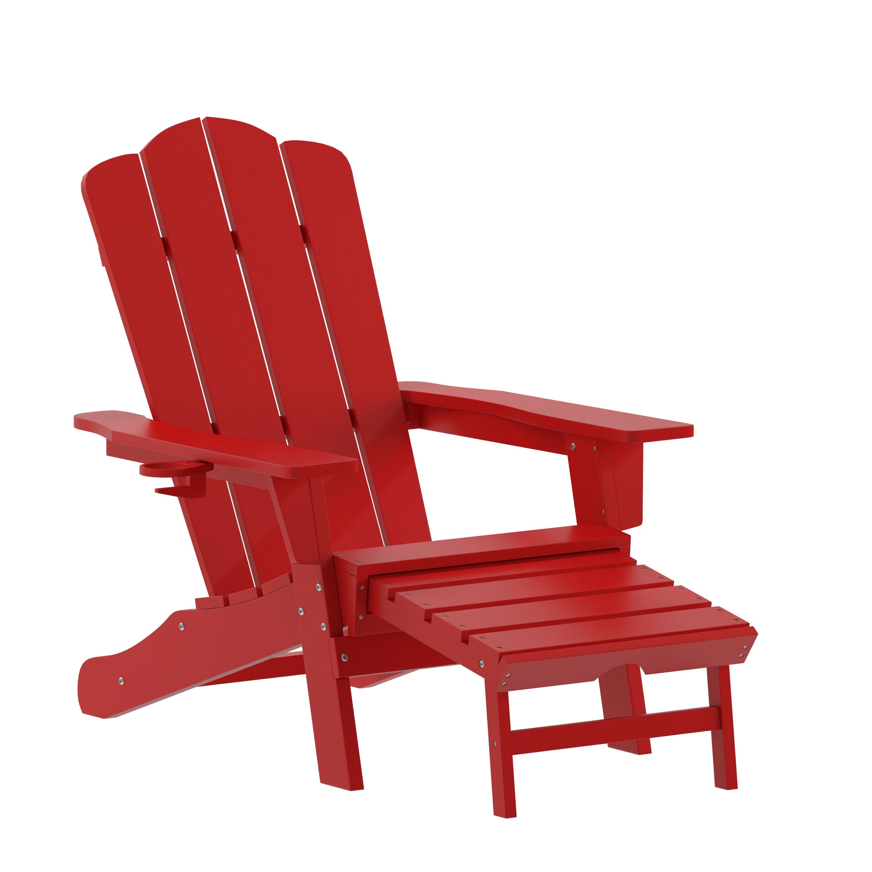 Flash Furniture 196861096976 Newport HDPE Adirondack Chair with Cup Holder and Pull Out Ottoman; All-Weather HDPE Indoor/Outdoor Lounge Chair in Red