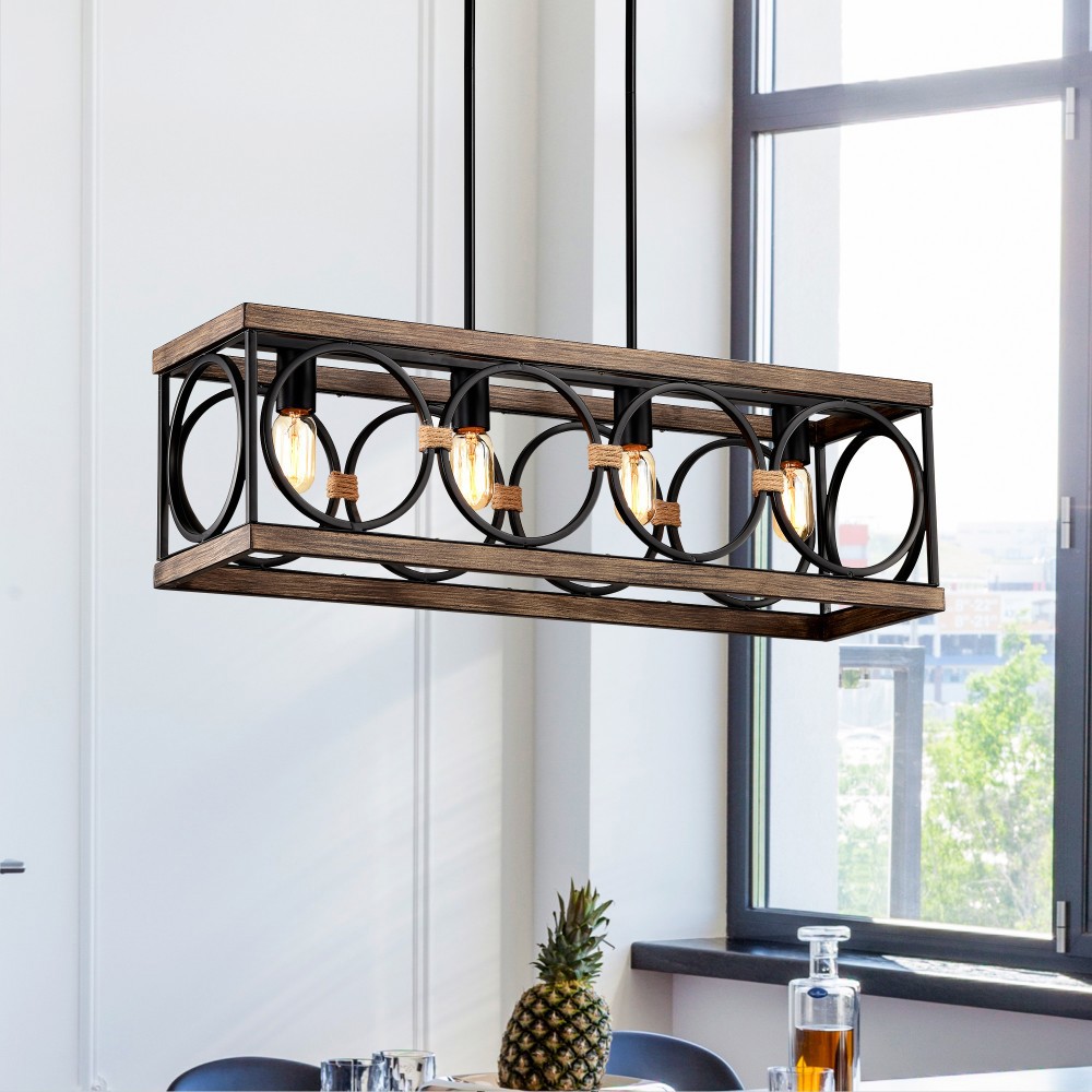 Basdien 31 in Matte Black Rectangle Pendant Light 4 Light Bulbs Not Included E26 Base Farmhouse Vintage Rustic Industrial Hanging Fixture for Kitchen Entryway Dining Room Adjustable Height Easy Install Home Decor Farmhouse Style #96469841