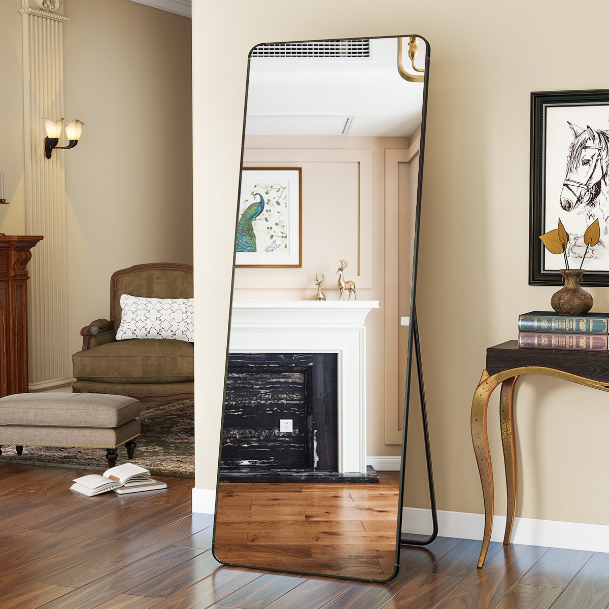 BEAUTYPEAK RE2164B 21-Inches W x 64.0-Inches H Rectangle Black Framed Full Length Floor Mirror