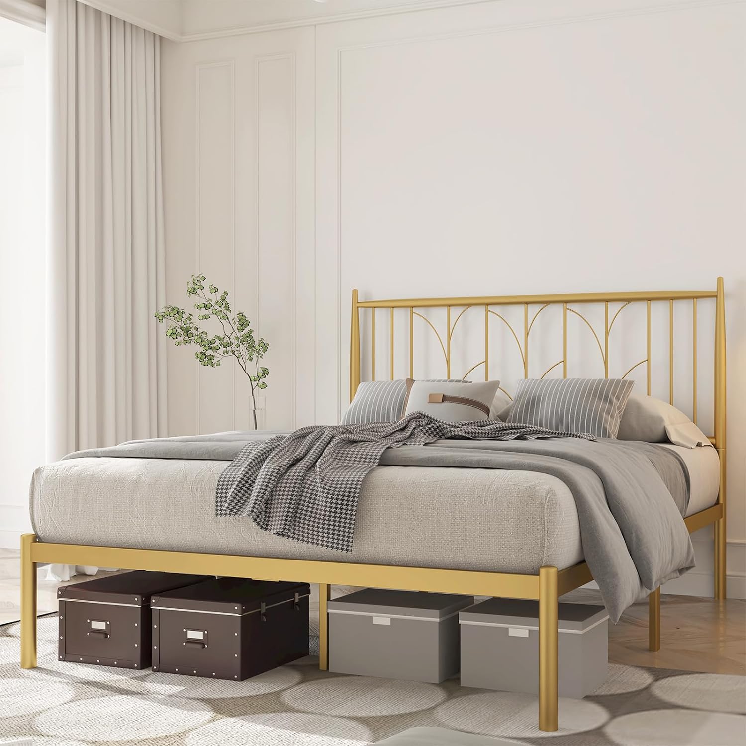 Qeetex LHF-BED-PHO-0VW1LLOC Full Size Platform Bed Frame with Wheat Head Headboard Metal Mattress Foundation for Storage No Box Spring Needed Easy Assembly Modern - Gold