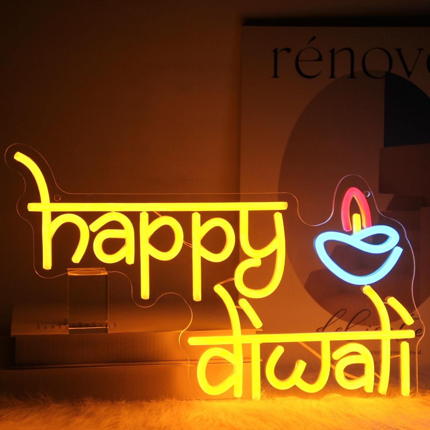 AOIZGMY Happy Diwali Neon Sign Festival of Light Dimmable LED Wall Decor for Home Bar Party Orange Acrylic Light Up Sign with USB Chain | LAZ0603Z053