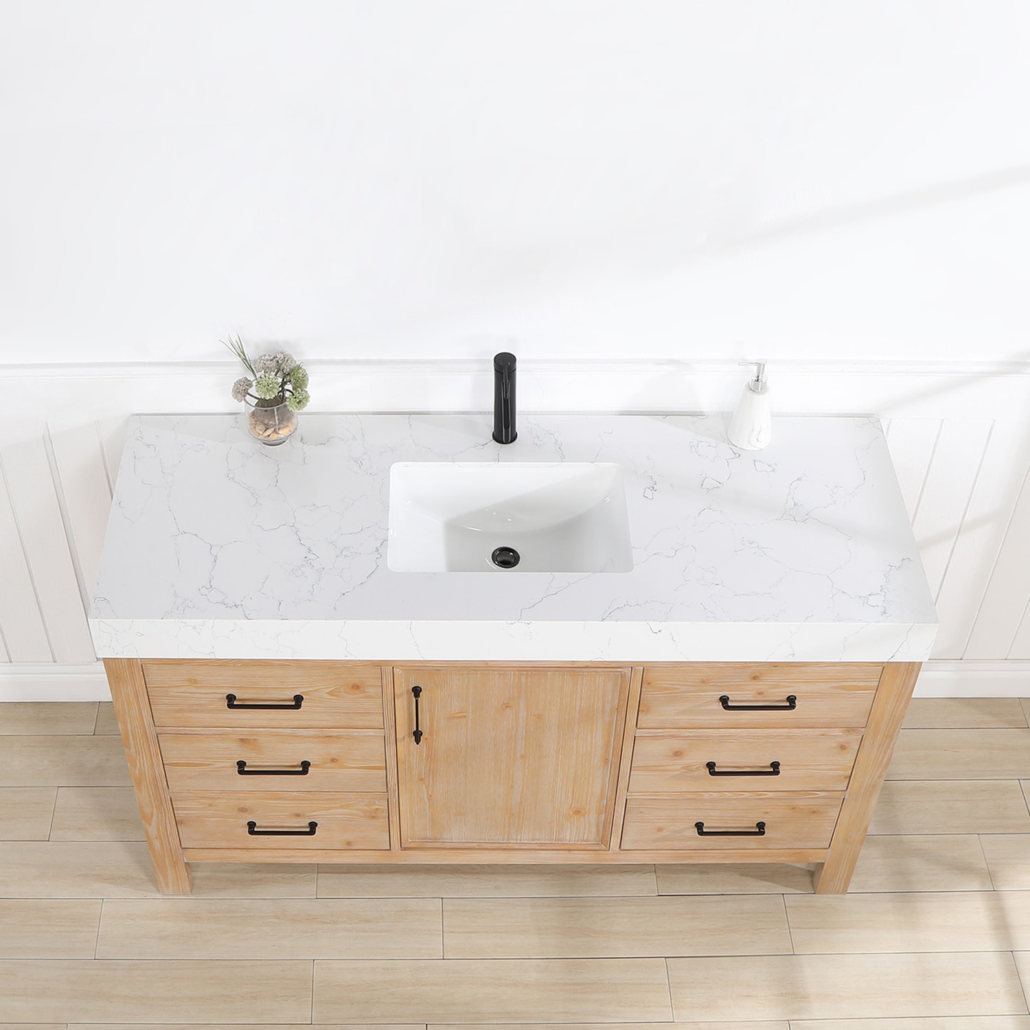 Leon 60" Fir Wood Brown Bathroom Vanity with White Composite Top