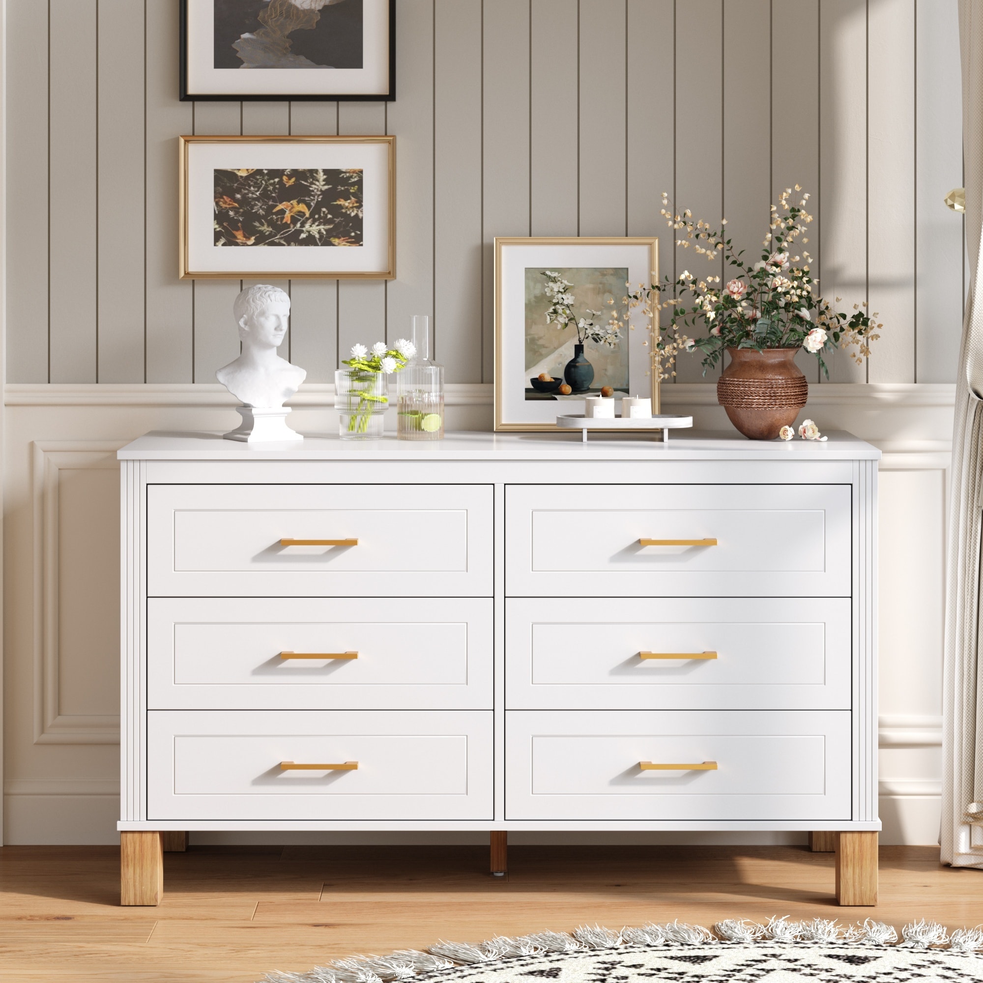 Horizons Prime 47 inch L x 18 inch W x 30 inch H White Solid Wood and MDF 6-Drawer Double Dresser with Metal Handles and Pre-Installed Ball-Bearing Slides