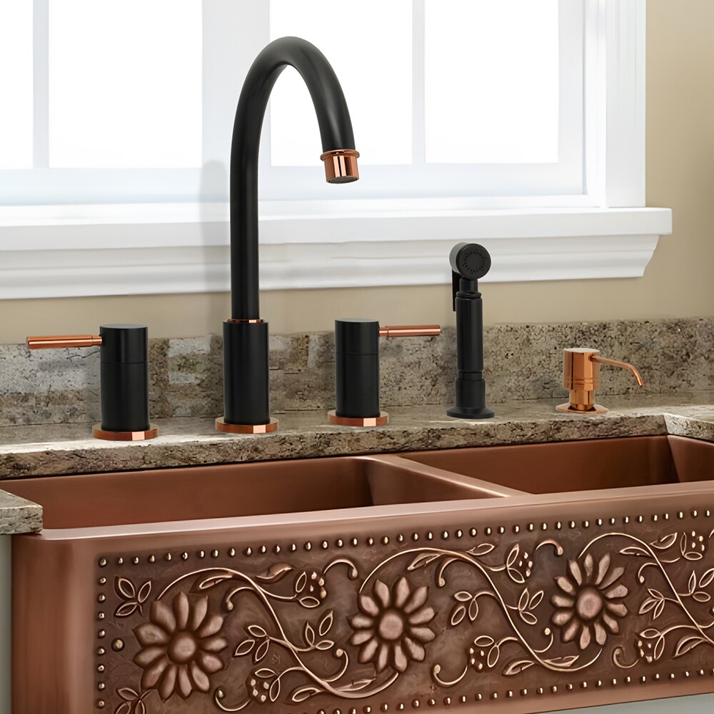 Matte Black and Rose Gold Double Handle Kitchen Faucet with Side Sprayer