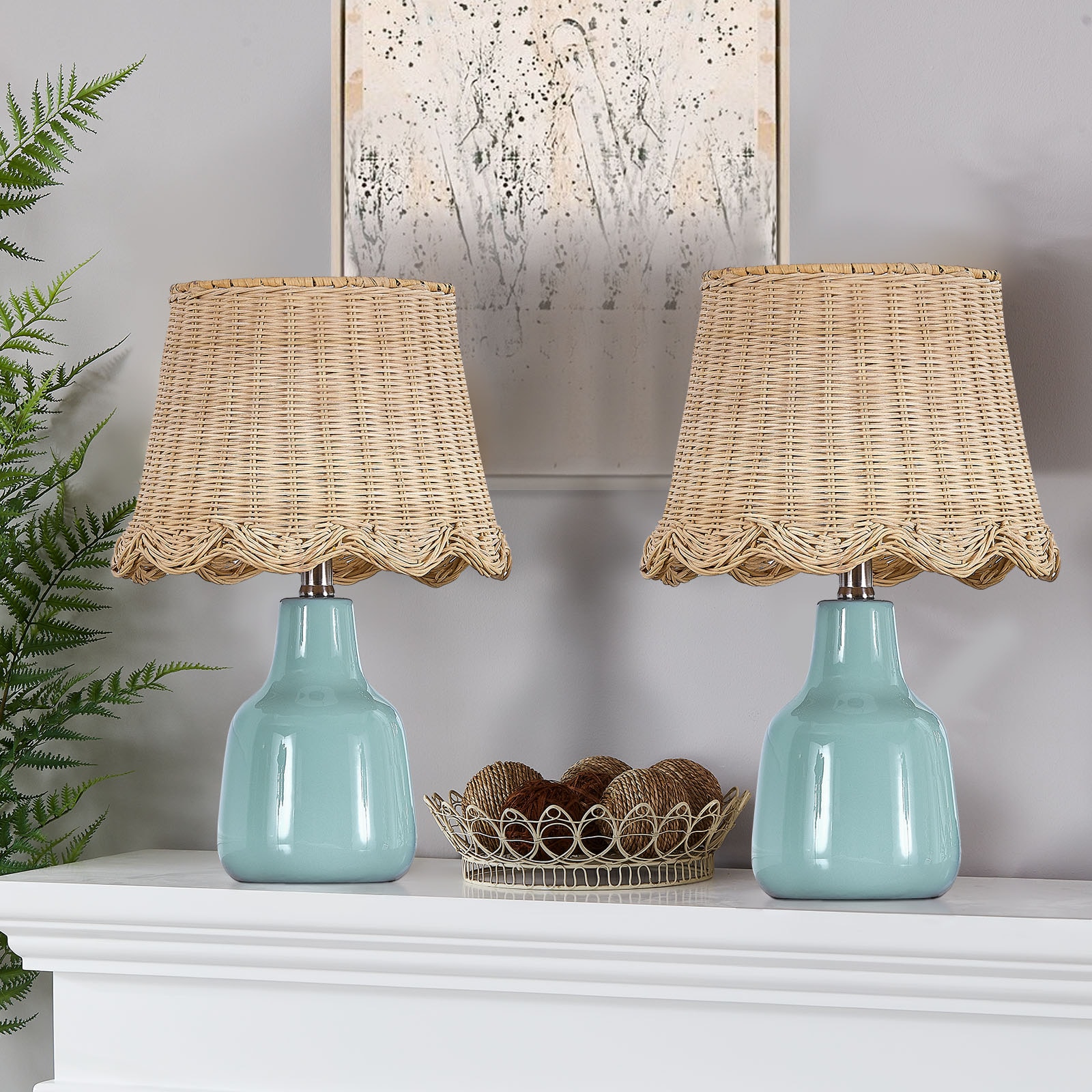 Maxax T267-BU Deluxe 16.5-in Blue LED Incandescent Rotary socket Table Lamp with Linen Shade 2 -Set
