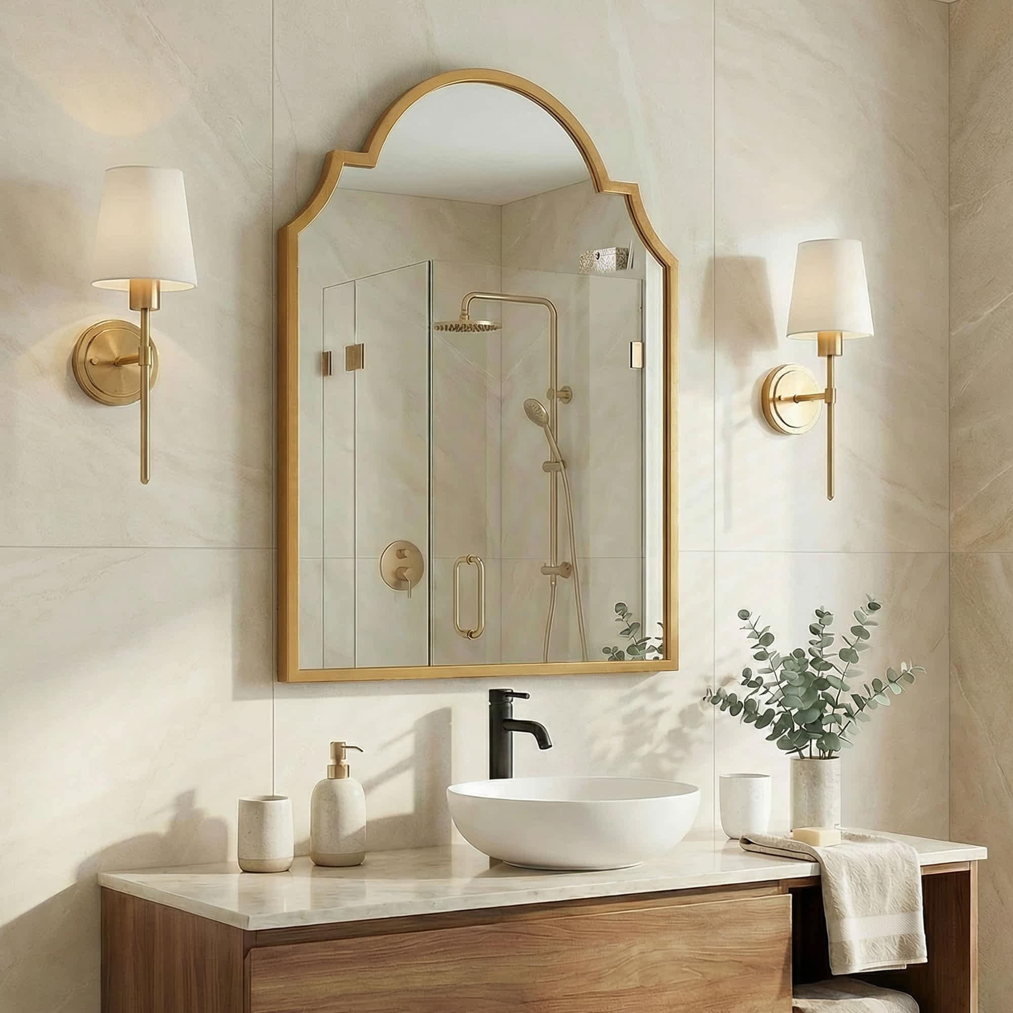Vynxaria -  30-in x 20-in Gold Metal Arched Medicine Cabinet Surface/Recessed Mount Bathroom Stor...