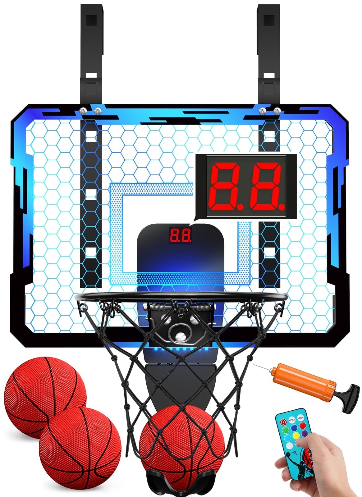ITOPFOX  Indoor Basketball Hoop for Kids Over The Door Mini Hoop with 7 Color LED Lights Adjustable Height 3 Game Modes Foldable Rim Basketball