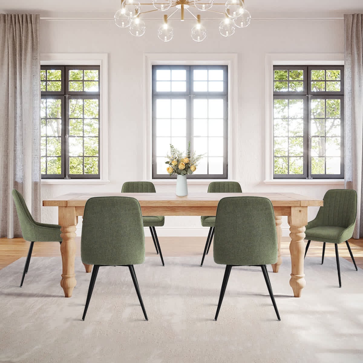 Maison Boucle BOSTON-CHAIR-GE-6 Modern Set of 6 Green Upholstered Armless Dining Chairs with Tufted Back and Black Metal Legs