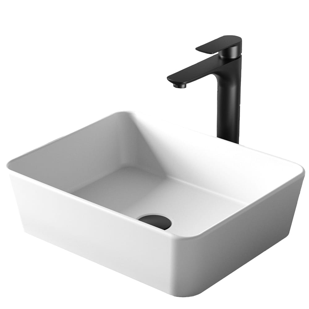 Karran QM172WH422MB  Quattro QM172 Matte White Acrylic 18 in. Rectangular Bathroom Vessel Sink with Faucet and drain in Matte Black