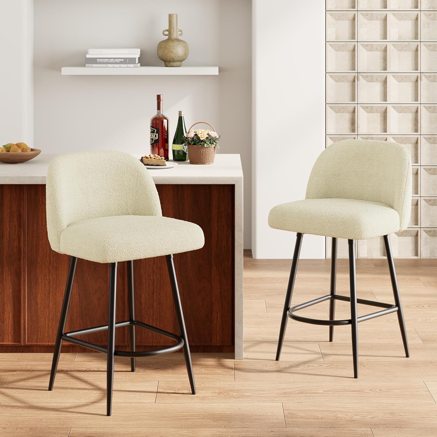 GAOMON Bar Stools Set of 2- Leather Upholstered Barstools with Back and Arc Metal Footrest- 25Inch Modern Kitchen Island Stools with Thickened Metal Legs for Home Bar- Bistro and Dining Area- Beige #LSPPJOK-RBU57QG62W