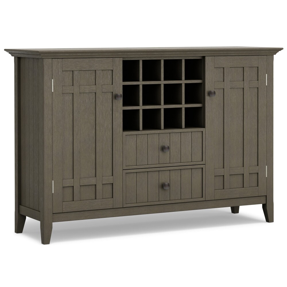 Simpli Home AXCBED-04-FG Bedford Transitional Farmhouse Grey Wood Pine Sideboard with Wine Storage