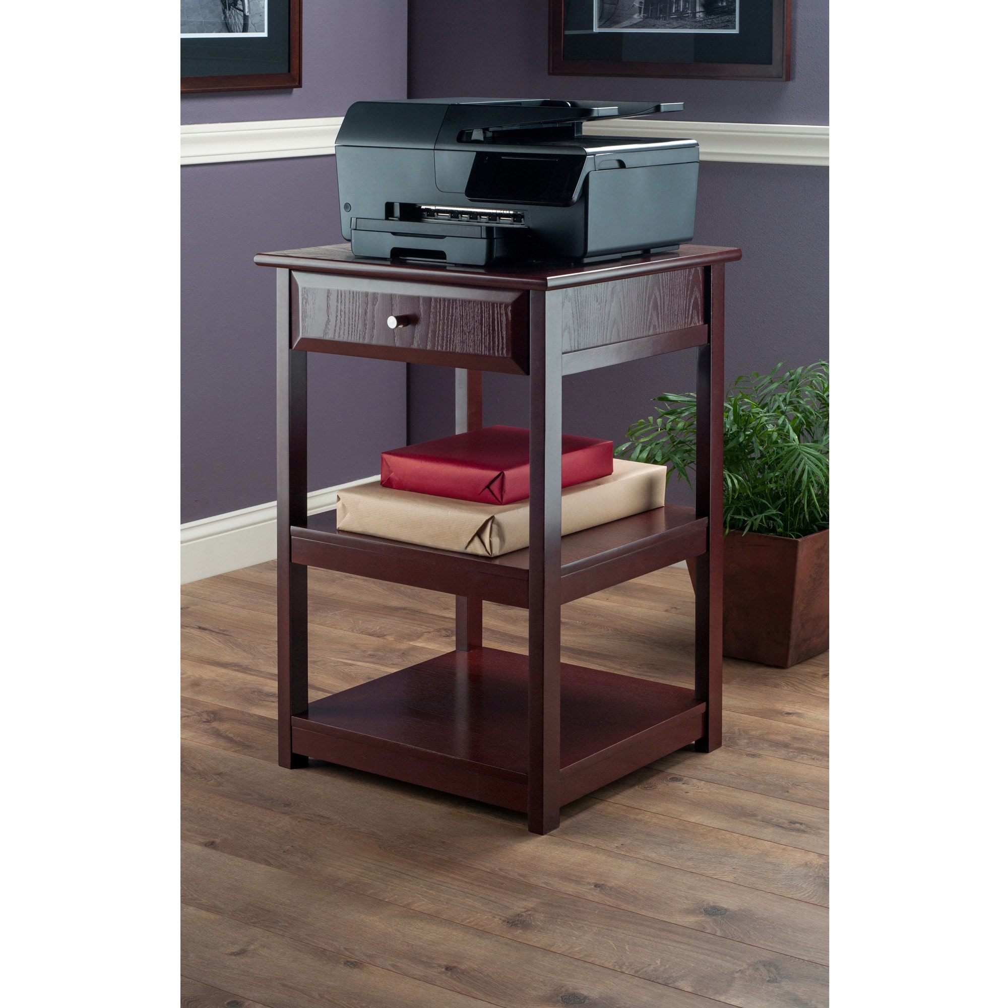 Walnut Composite Wood Printer Table with Drawer and Shelves
