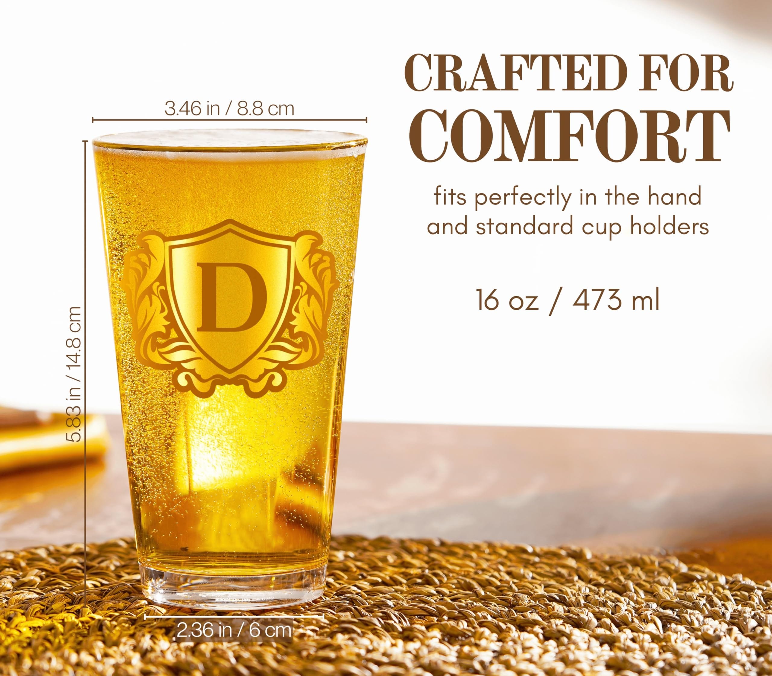 Aoibox  16 oz Personalized Initial Shield Pint Drinking Glass Clear Lead Free Everyday Beer Gift Tumbler Cup