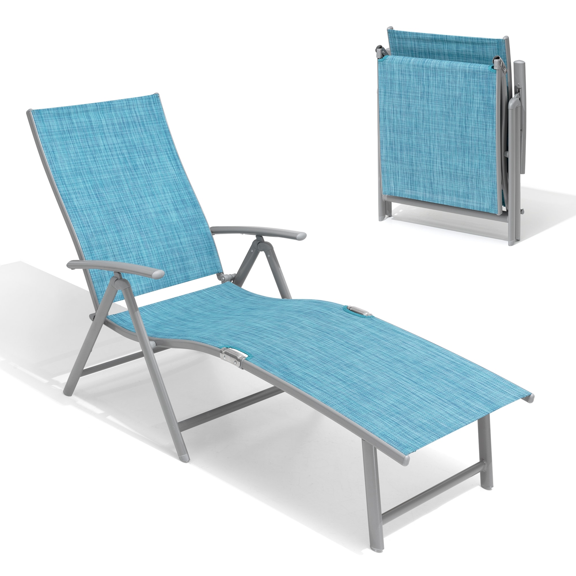 Crestlive Products CL-LG001BLU-1 Folding Patio Chaise Lounge Chair for Outside (1PC Blue) Brown Aluminum Frame Stationary Chaise Lounge Chair with Blue Textilene Mesh Seat