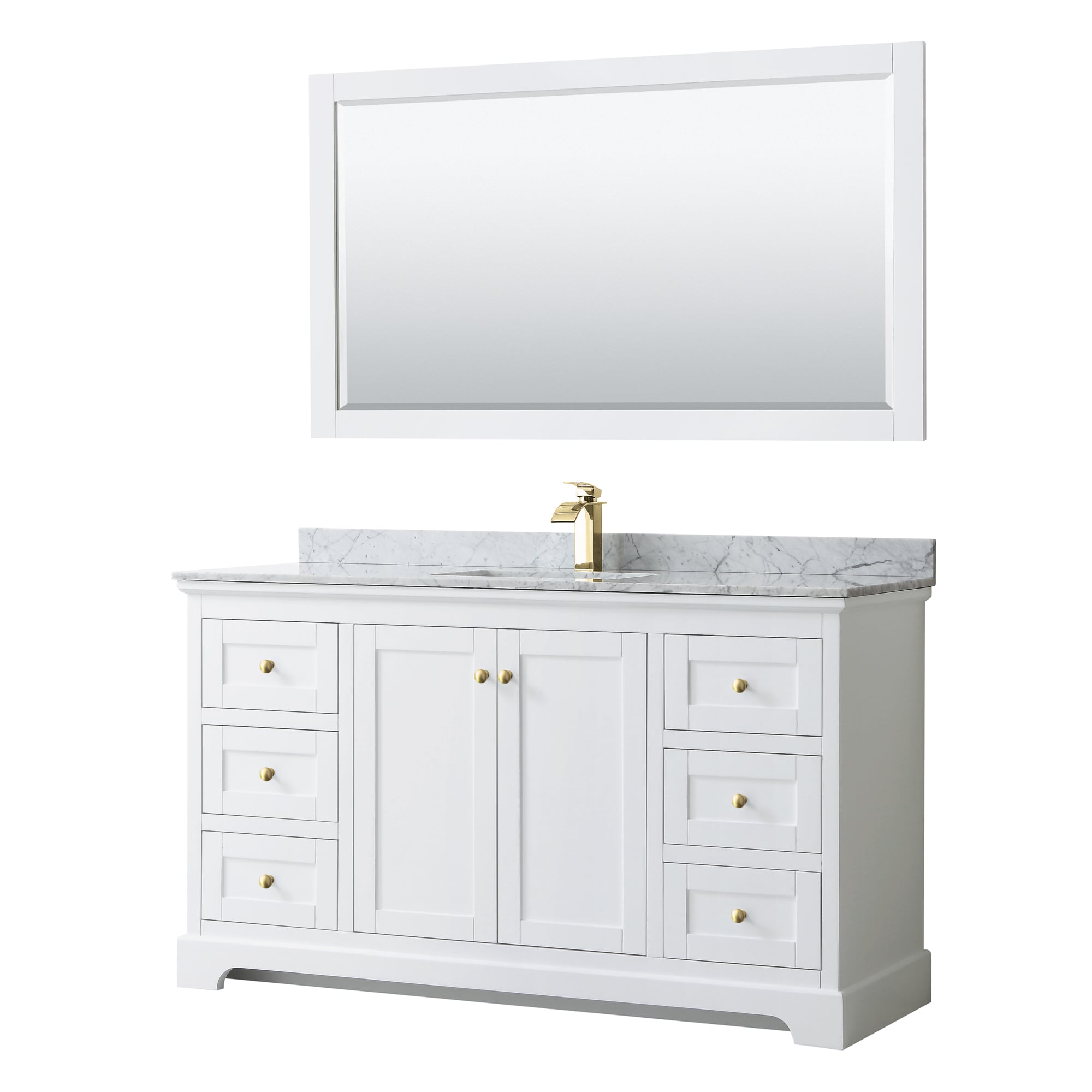 Wyndham Collection WCV232360SWGCMUNSM58 Avery 60-in White with Brushed Gold Trim Undermount Single sink Bathroom Vanity with White Carrara Marble Marble Top (Mirror Included)