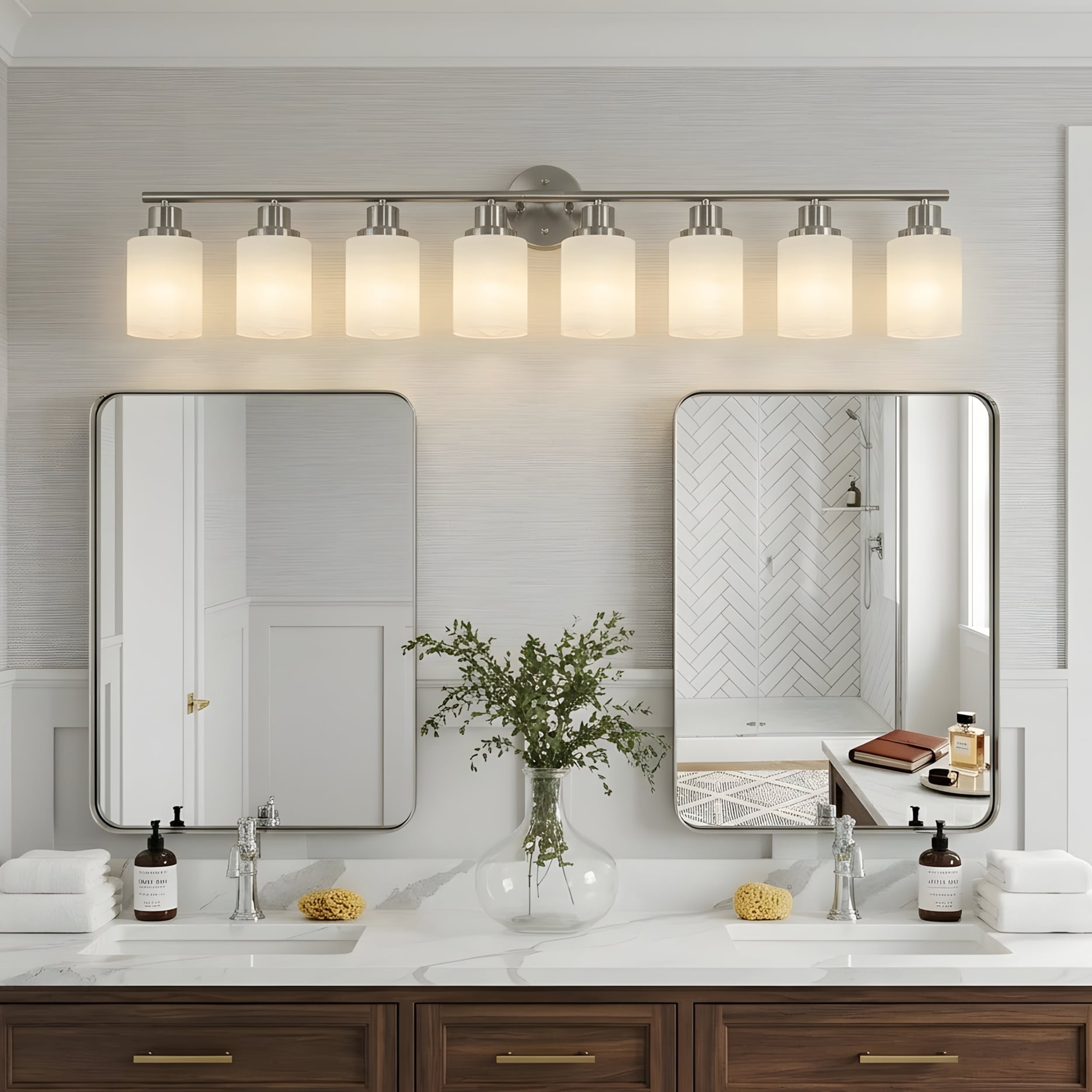 RCCFBHM 52-in 8-Light Brushed Nickel Transitional-Style Bathroom Vanity Light with Frosted White Glass Shades