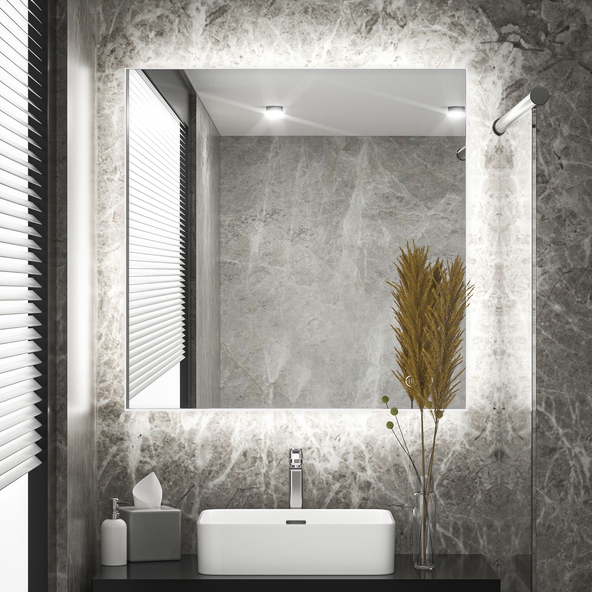 Keonjinn LW-JZ-BG-9191 Backlit Bathroom Mirrors Tempered Glass 36-in x 36-in Polished Frameless Square Dimmable LED Lighted Fog Free Bathroom Vanity Mirror ( Bright White )