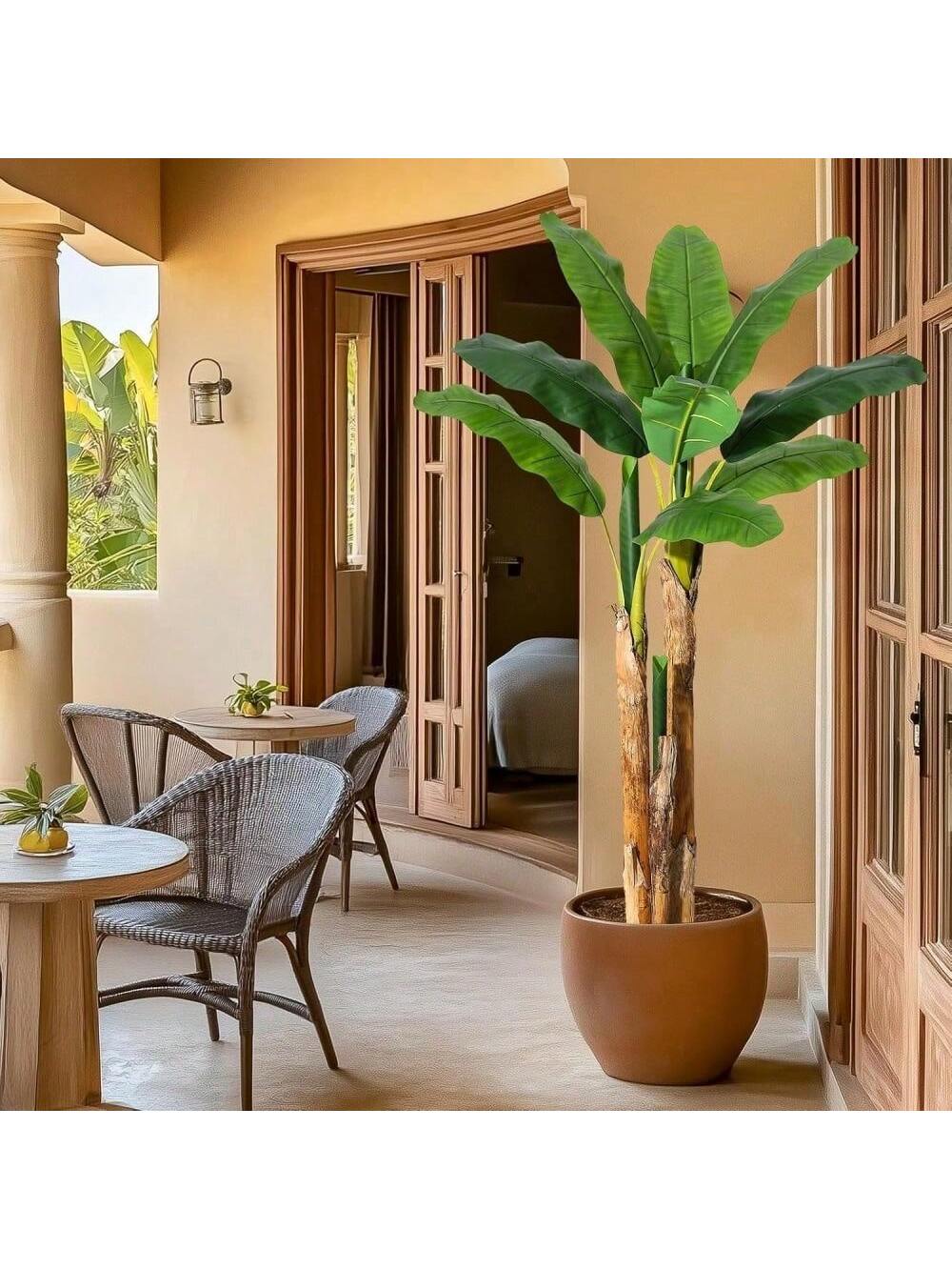 Qeetex PHK-33EVSUL5-HF4 5ft Artificial Banana Tree. Faux Banana Tree with Grey Planter. Artificial Plants with 11 Faux Banana Leaves Plant for Home Office Decor