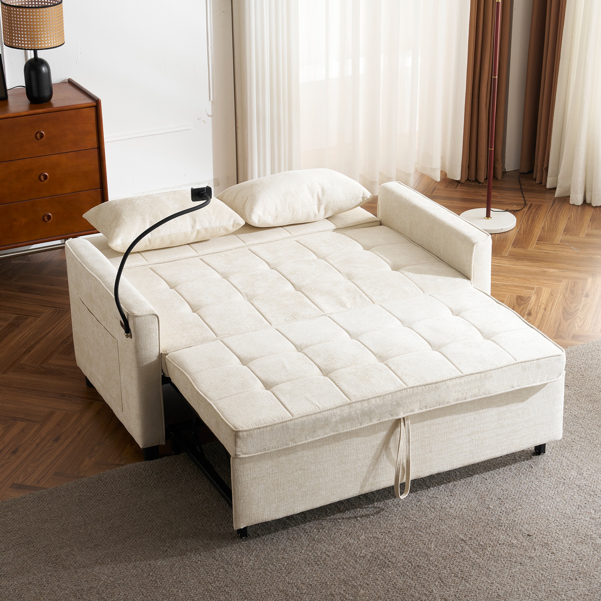 Nestfair 56.9" Loveseat Sofa Pull-out Sofa Bed Sleeper Sofa with a Reversible Backrest Cushion, Side Pockets, Two USB Ports and a Phone Holder for Living Room, Beige Beige Contemporary/Modern Chenille Twin Sofa bed