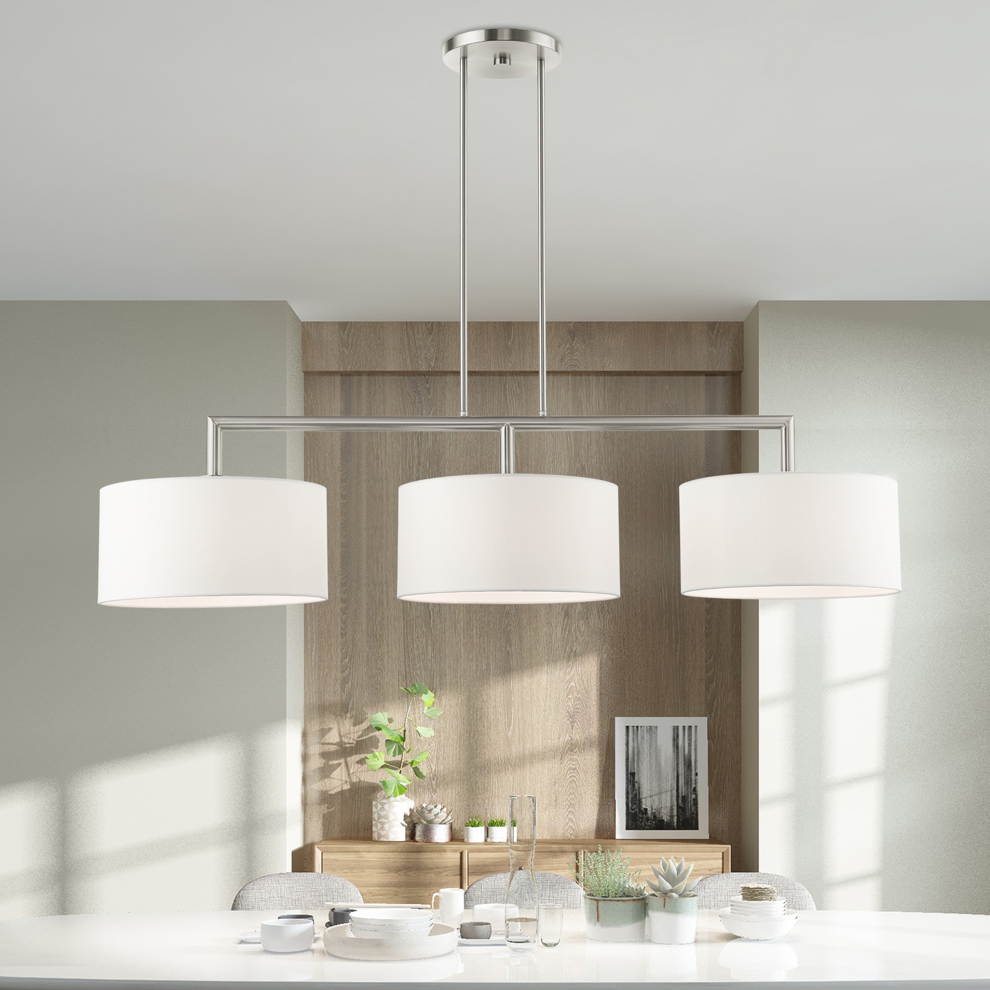 Sleek Brushed Nickel 3-Light Linear Drum Chandelier