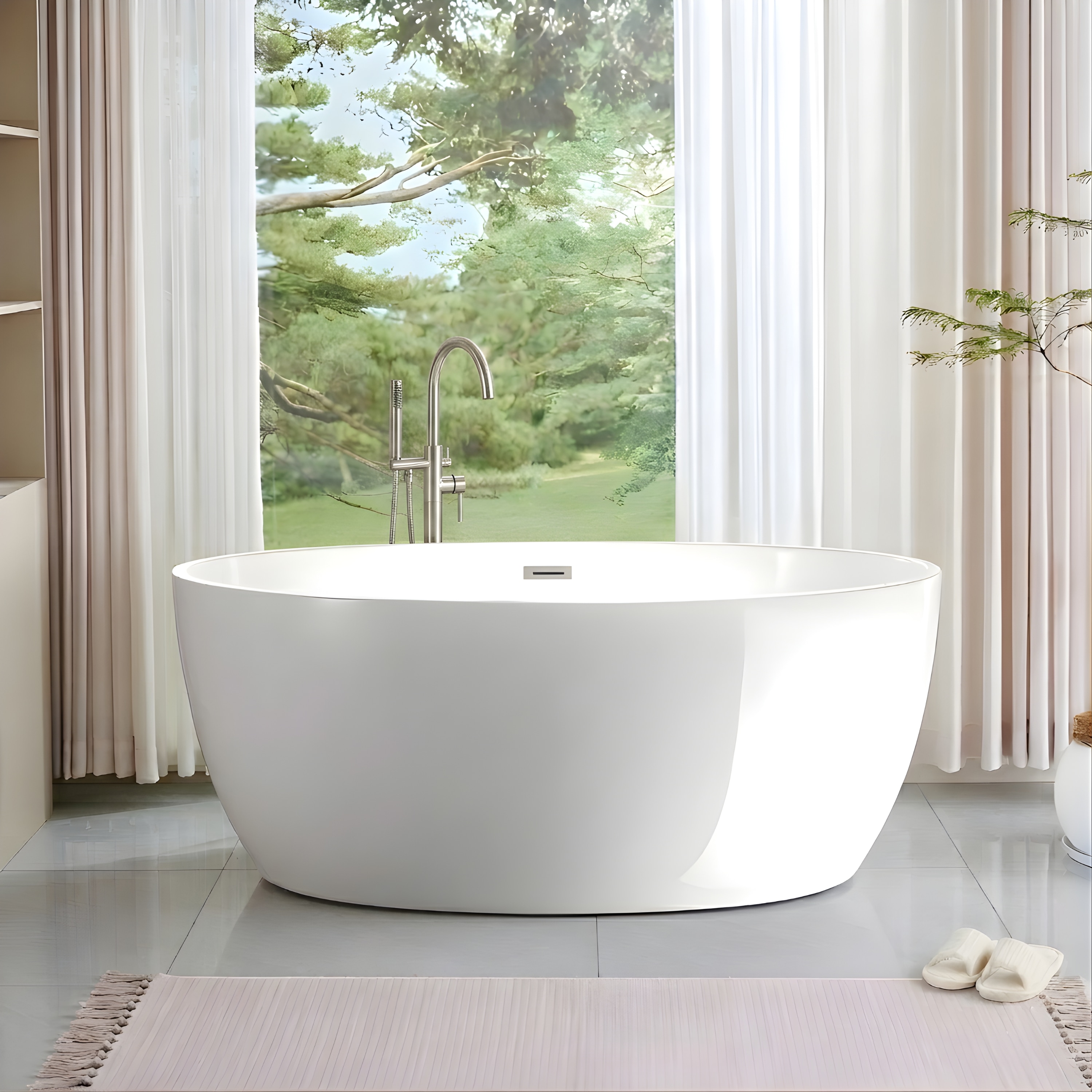 Vanity Art 32.3-in x 59-in White/Brushed Nickel Acrylic Oval Freestanding Soaking Bathtub ( Center Drain )