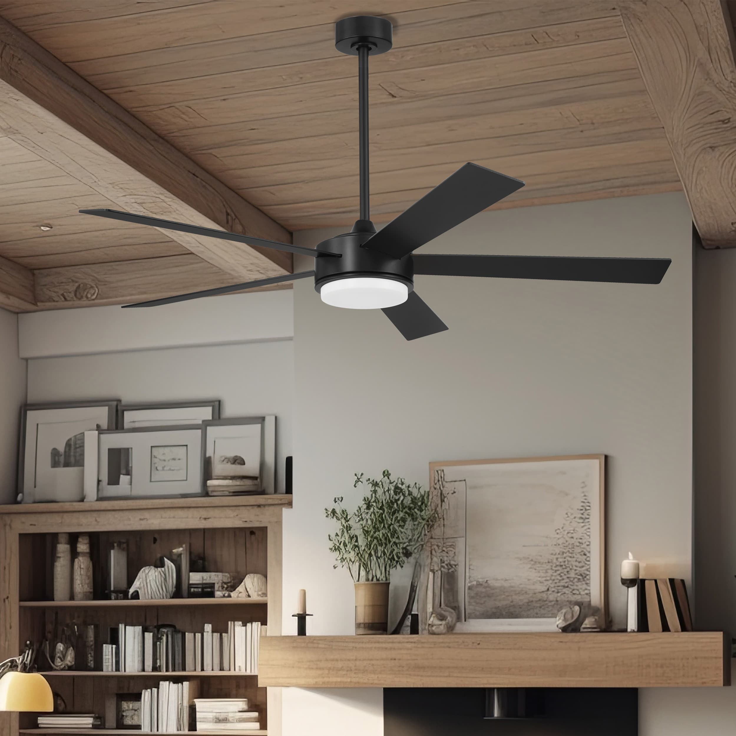 Harbor Breeze CUR60MBK5LR Curtis Cove 60-in Color-Changing Integrated LED Matte Black with Matte Black/Brown Blades Ceiling Fan With Light - Remote Included ( 5 -Blade )