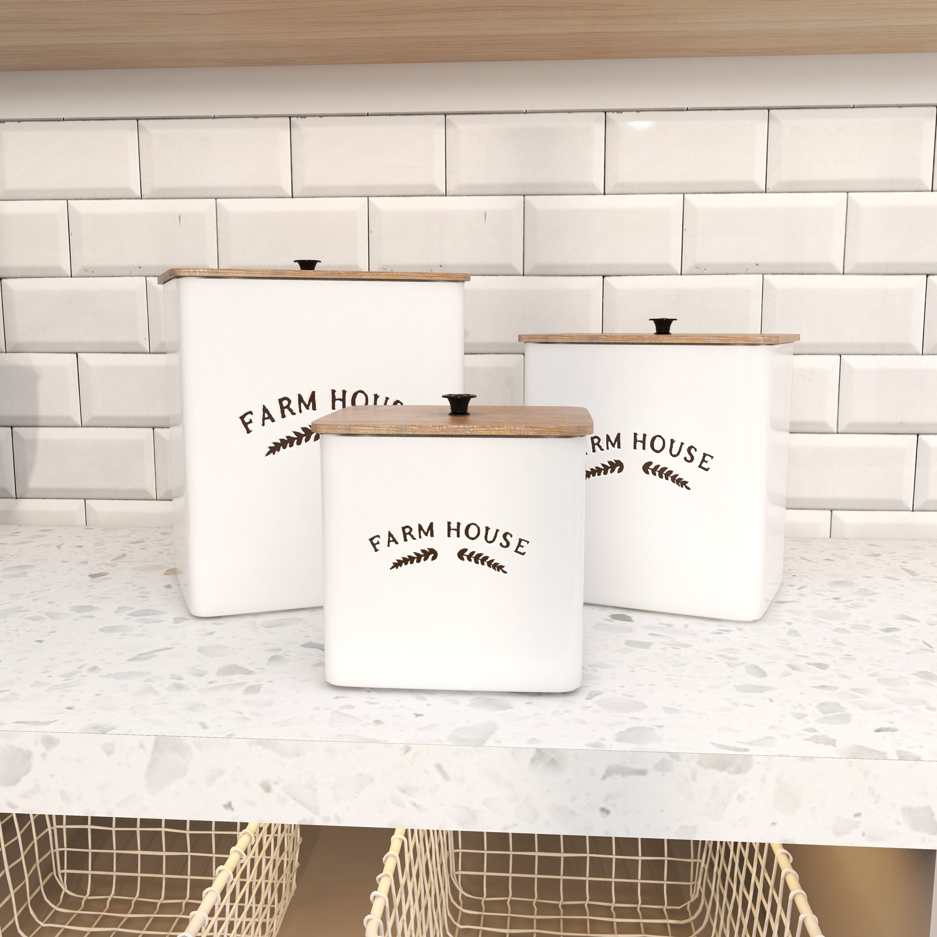 Farmhouse White Metal Canisters with Wood Lids, Set of 3
