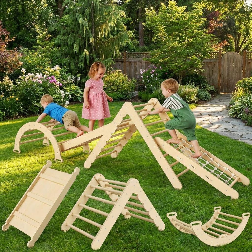 Encore Beets 8 In 1 Foldable Pikler Triangle Set Wooden Climbing
