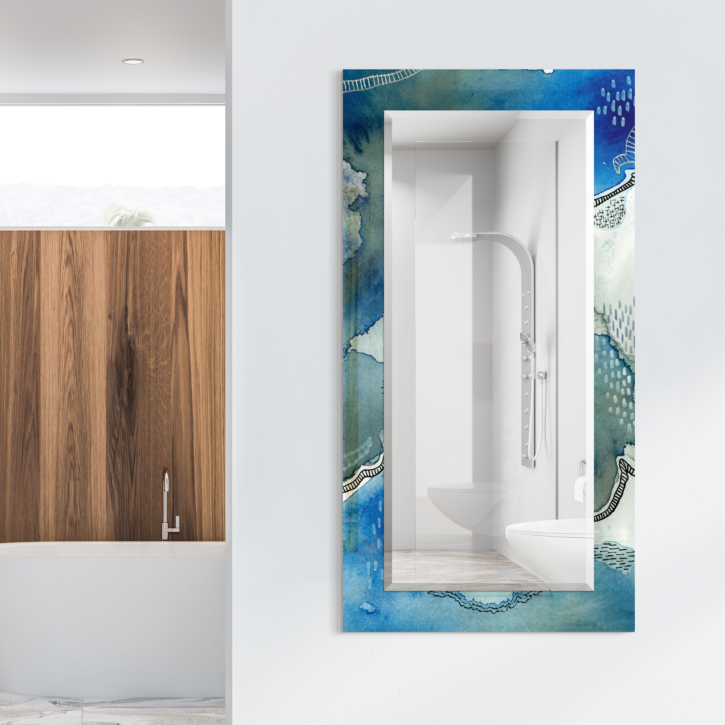 54" x 28" Blue Abstract Frameless Tempered Glass Wall Mirror