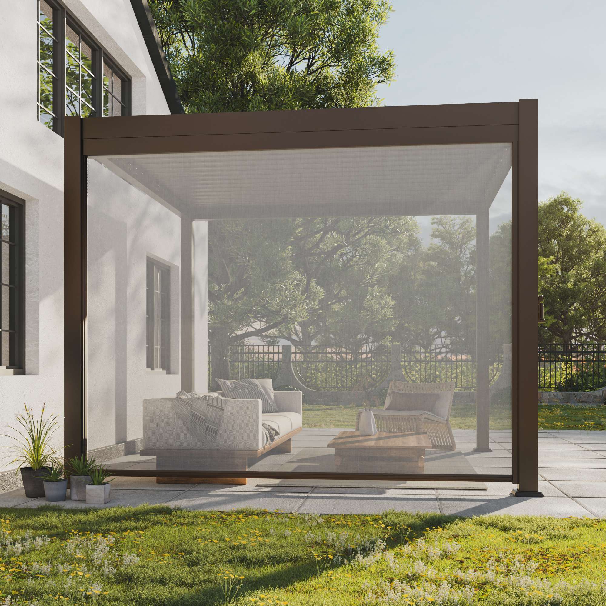 Aok Garden LWP-PPS-10BN 10FT Aluminum Pull Down Privacy Screen for Pergola with Brown Coated Frame