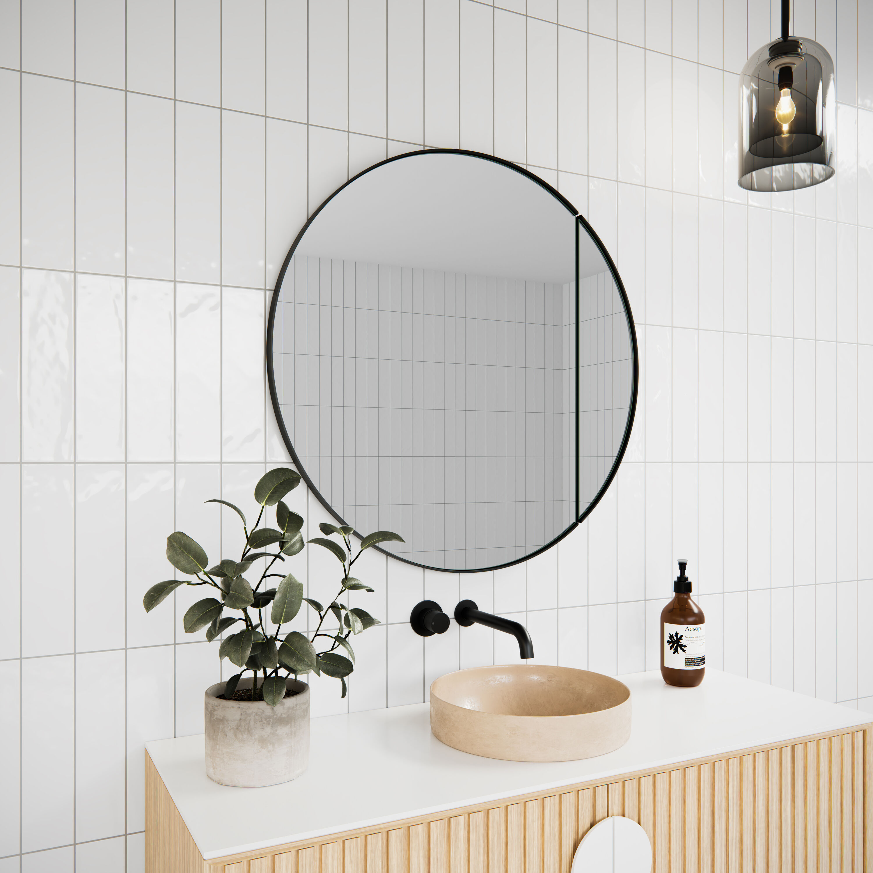 Glass Warehouse Juno 32-in x 32-in Surface/Recessed Mount Black Mirrored Round Soft Close Medicine Cabinet #SC1-R-32-B