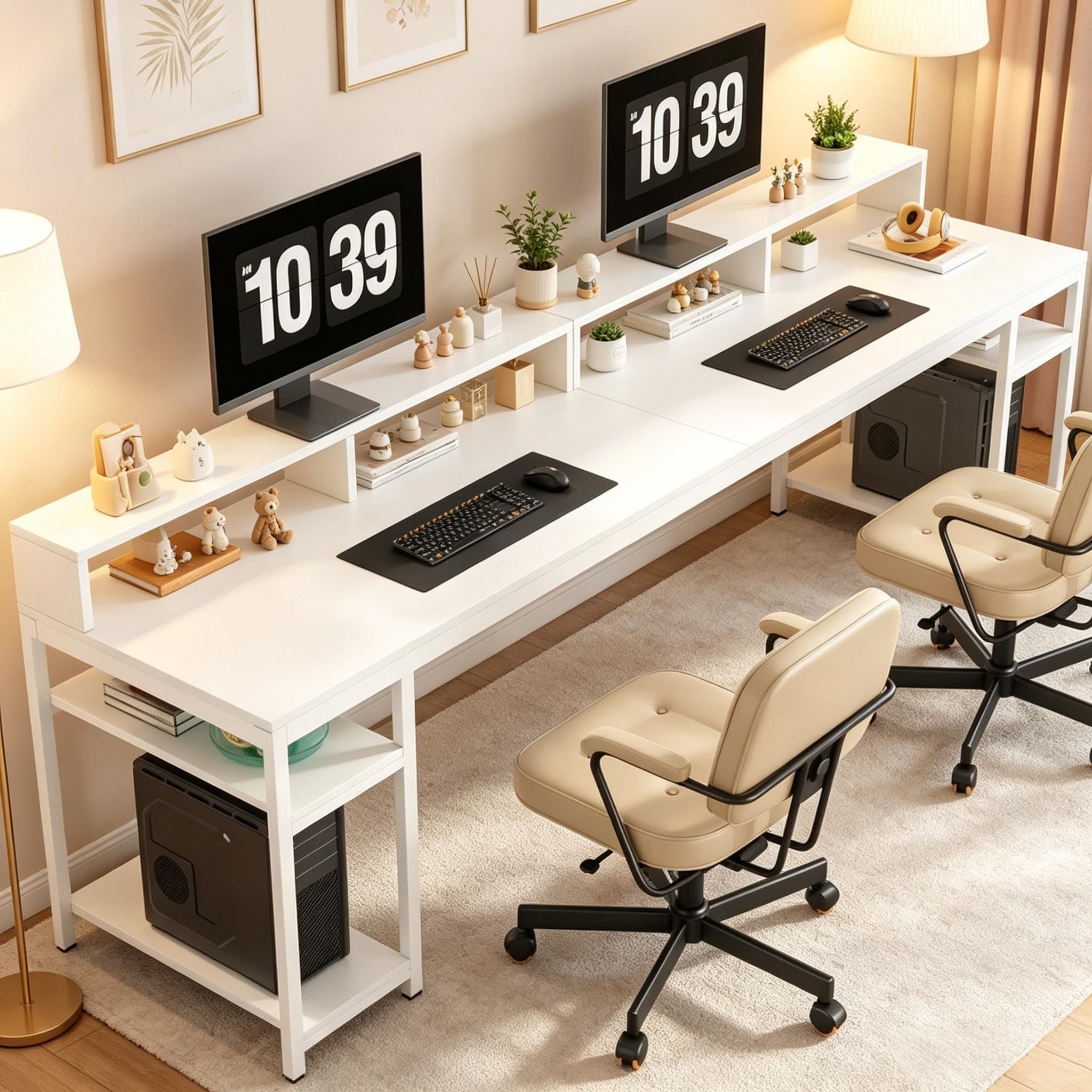 JUSHUA Two Person Desk with Monitor Stand and 4 Open Shelves Computer Desk for Home Office Workstation