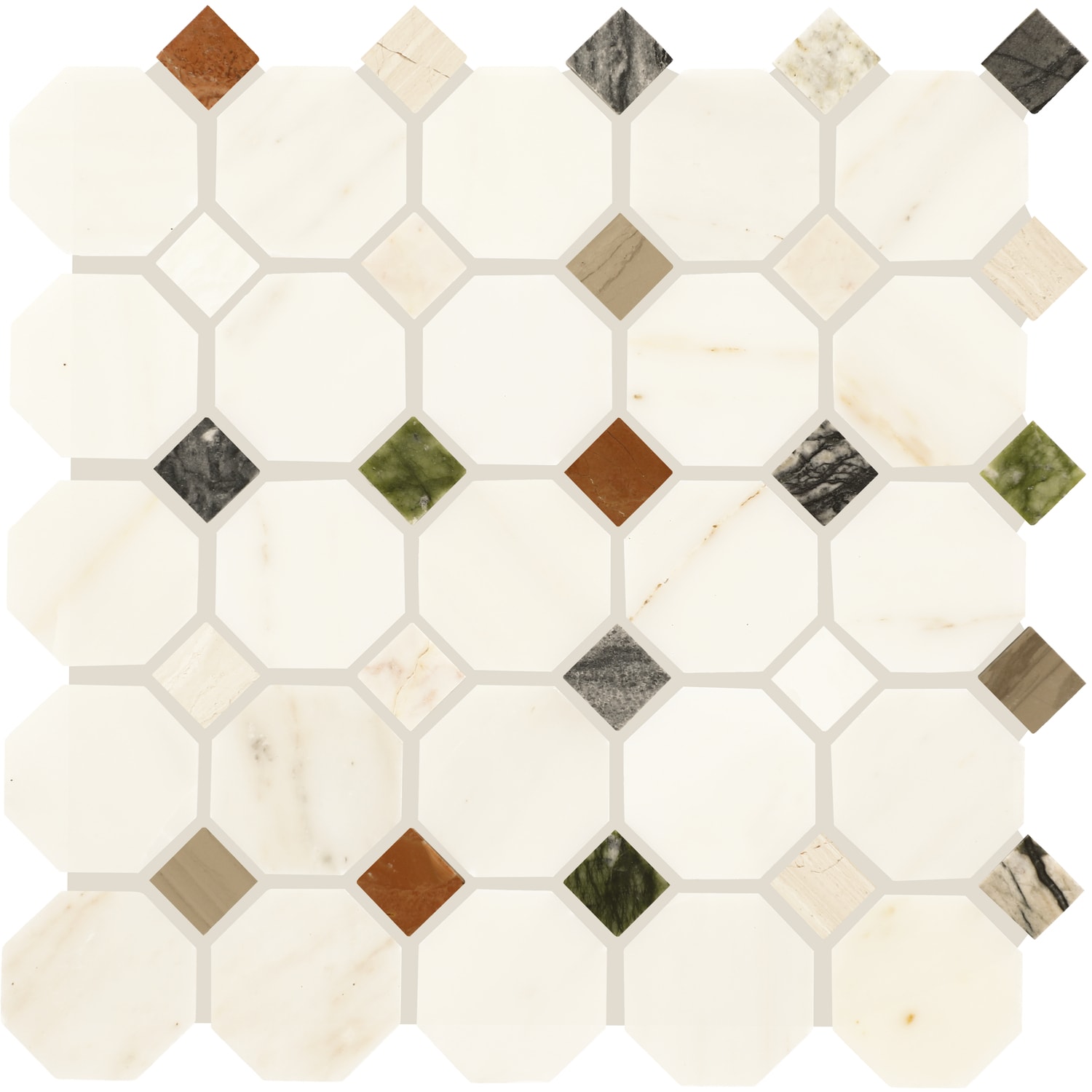Daltile Genuine Stone White With Multicolor 12-in x 12-in Honed Natural stone Marble Marble look Octagon Mosaic Floor and Wall Tile ( 0.9-sq ft / Piece )