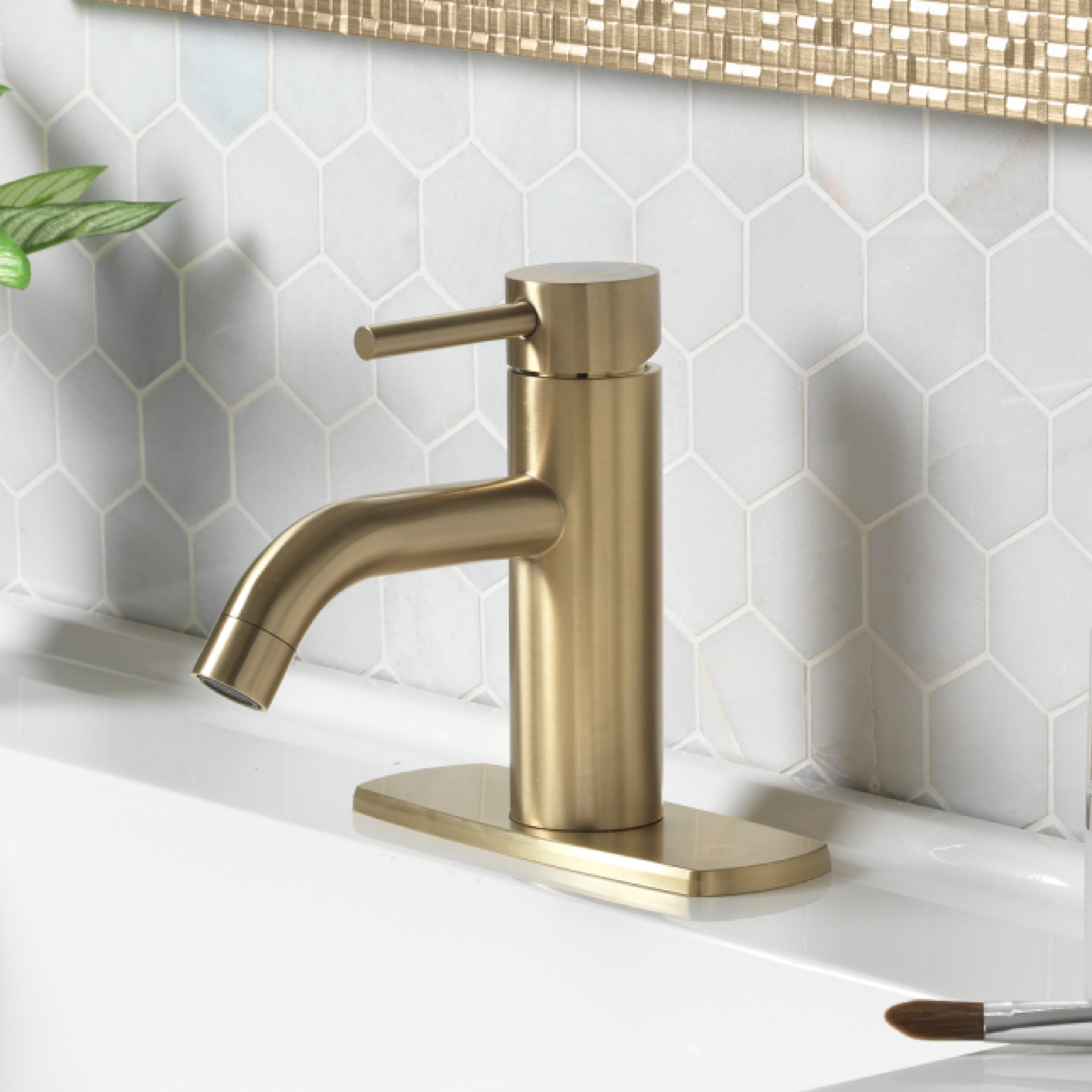 Project Source BPS-102-BG Larton Brushed Gold Single hole 1-handle WaterSense Mid-arc Residential Handle Bathroom Sink Faucet with Drain with Deck Plate