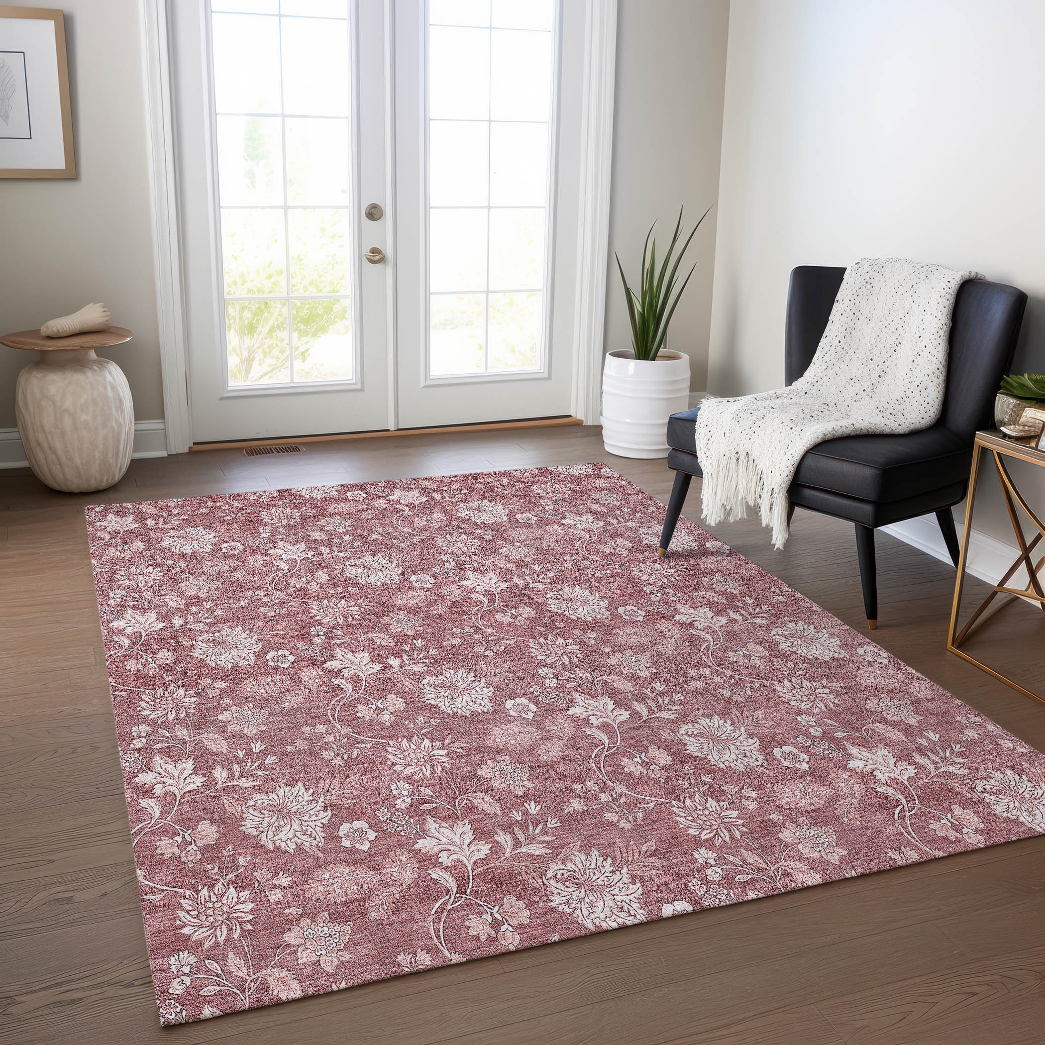 Blush Floral Synthetic 5' x 7' Washable Area Rug