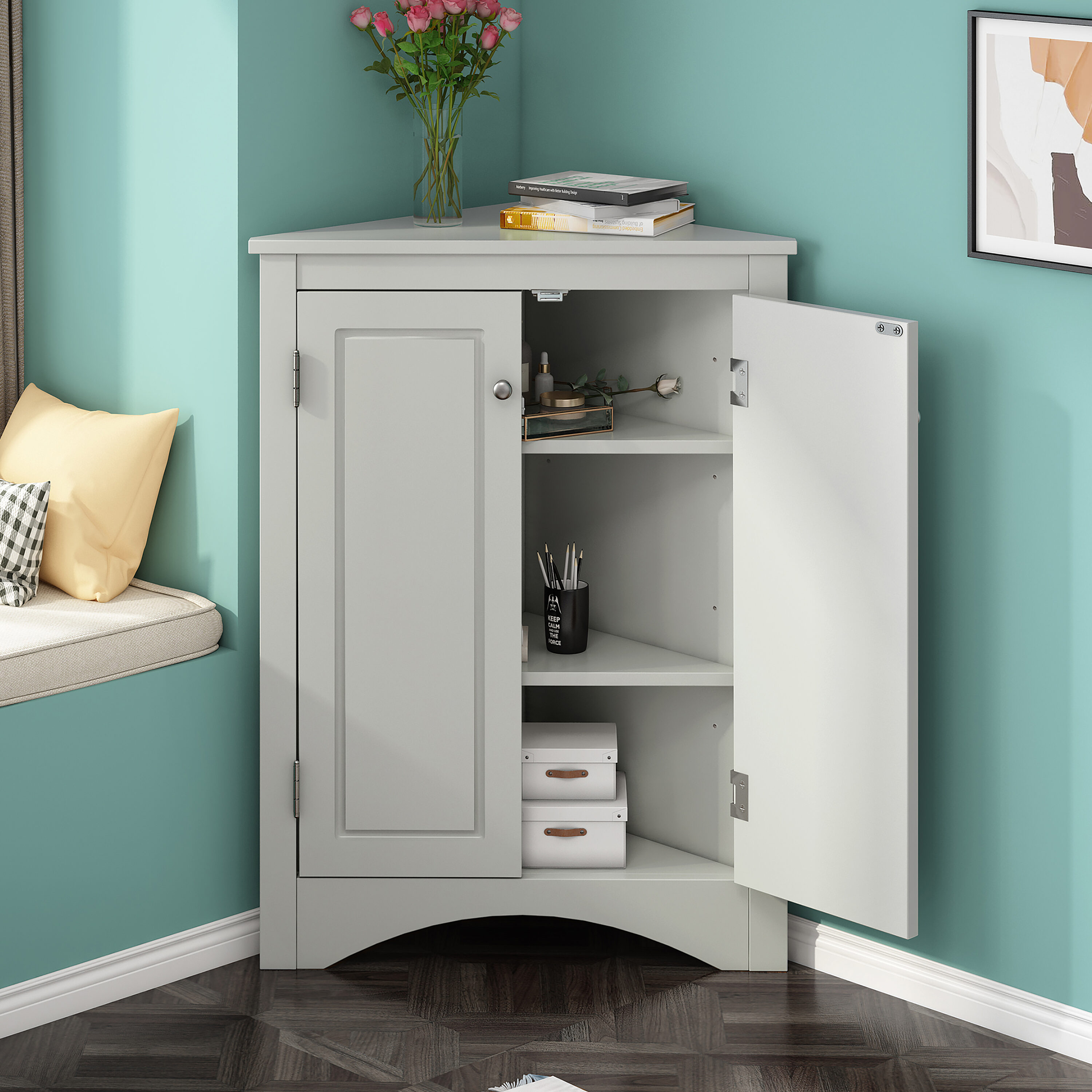 Modern Triangle Freestanding Bathroom Storage Cabinet with Adjustable  Shelves White-ModernLuxe