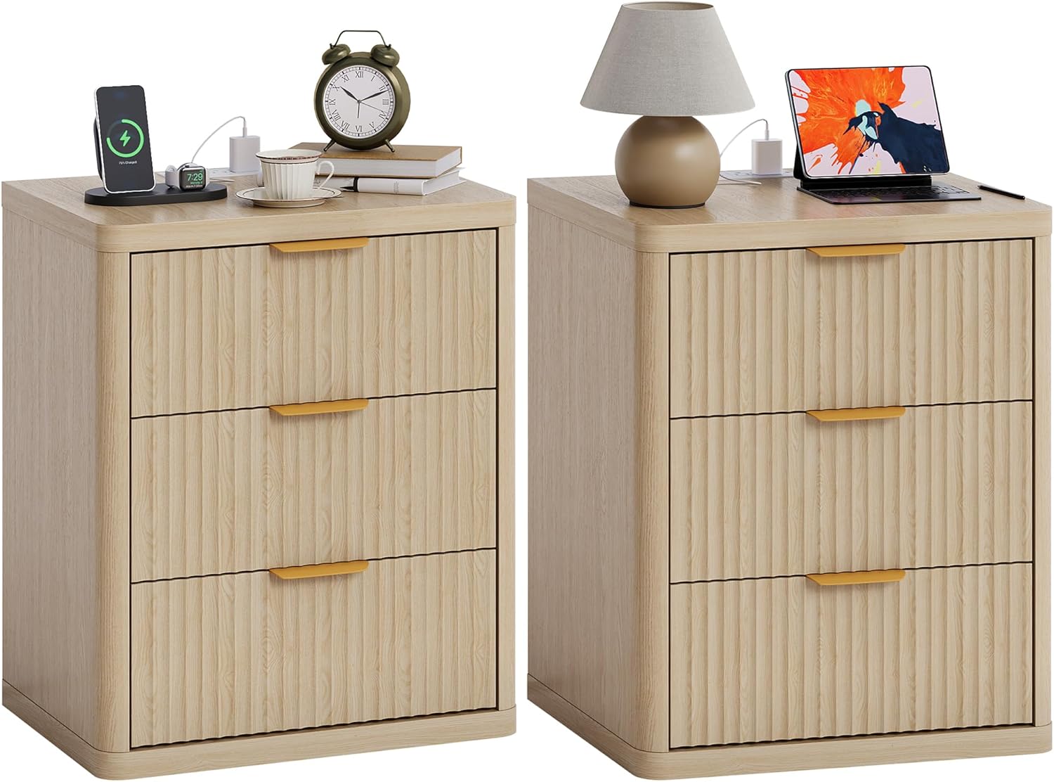 Garvee Fluted Nightstands with Charging Station 3 Drawers Open Storage Metal Handles Rounded Corners  Mid Century Modern Bedside Tables for Bedroom or Living Room  Wood Color two in a Box