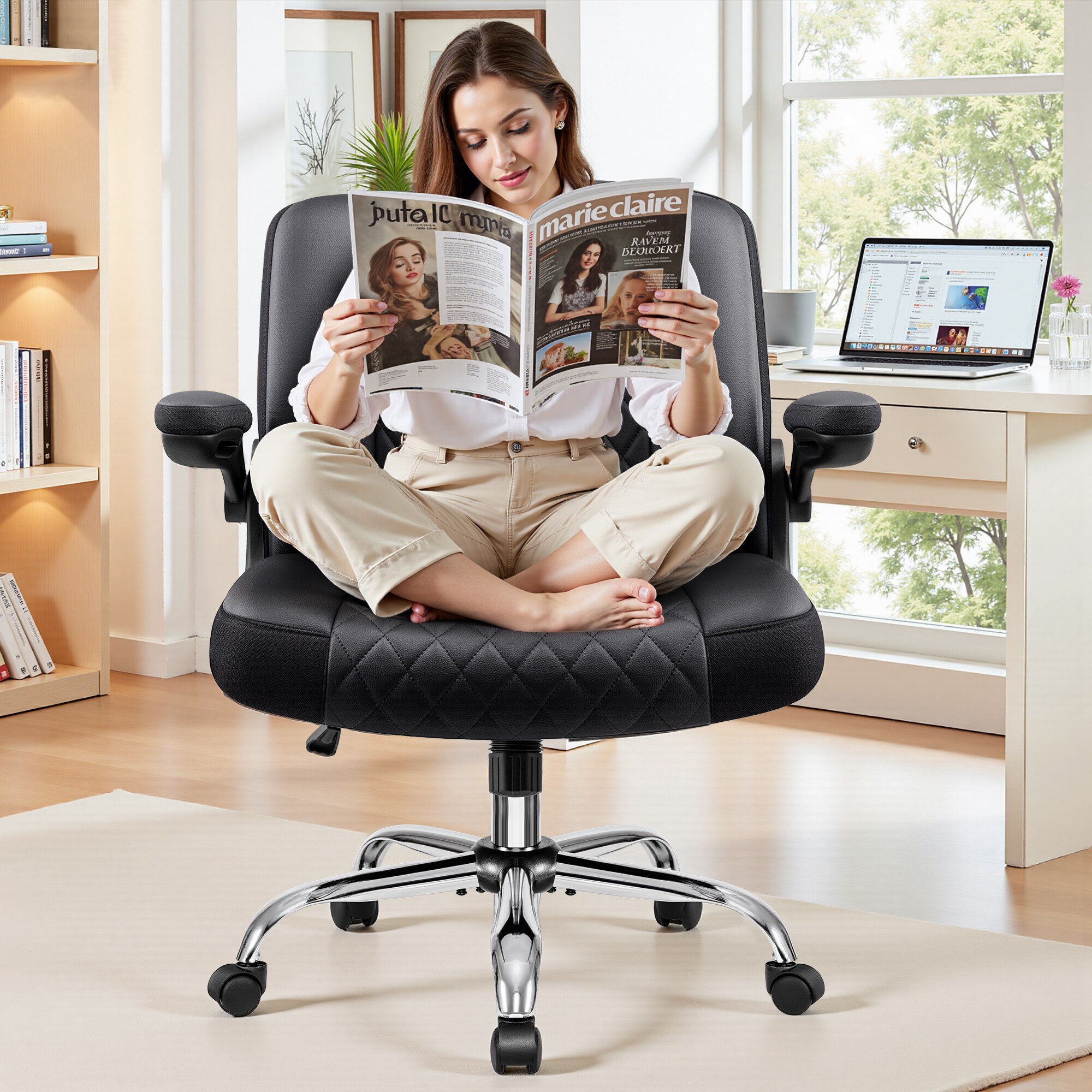 KERDOM -  Ergonomic PU Leather criss Cross Office Chair with Adaptive Flip Back Height Adjustable...